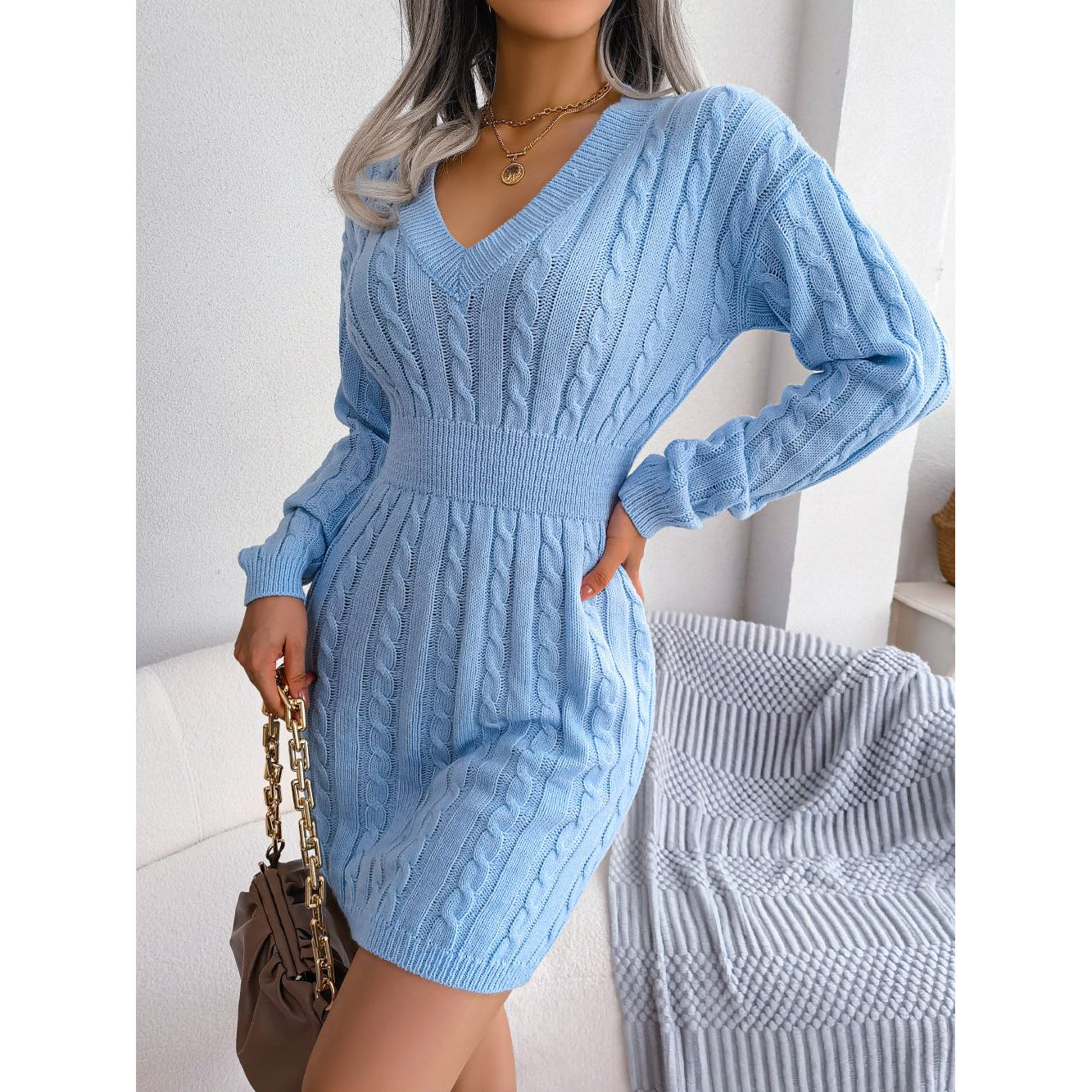 Cable-Knit V-Neck Mini Sweater Dress