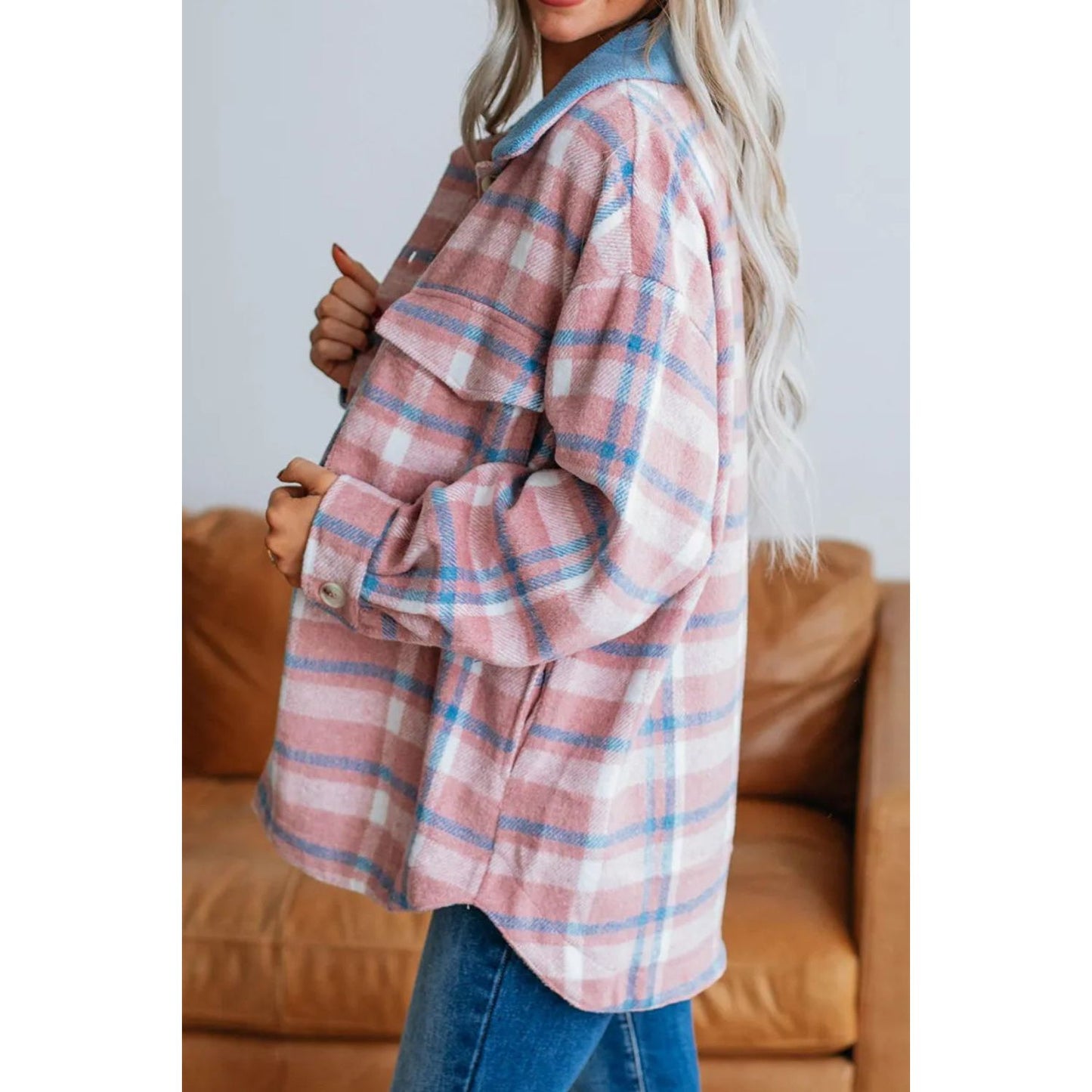 Plaid Collared Neck Long Sleeve Jacket