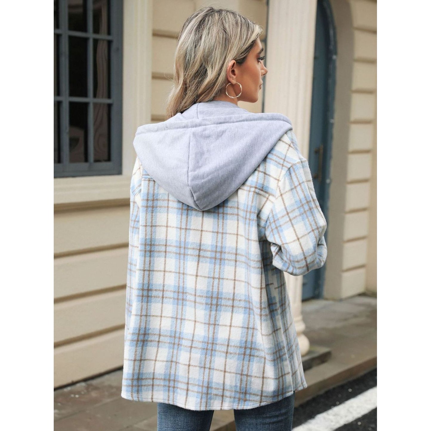 Drawstring Plaid Button Up Hooded Jacket