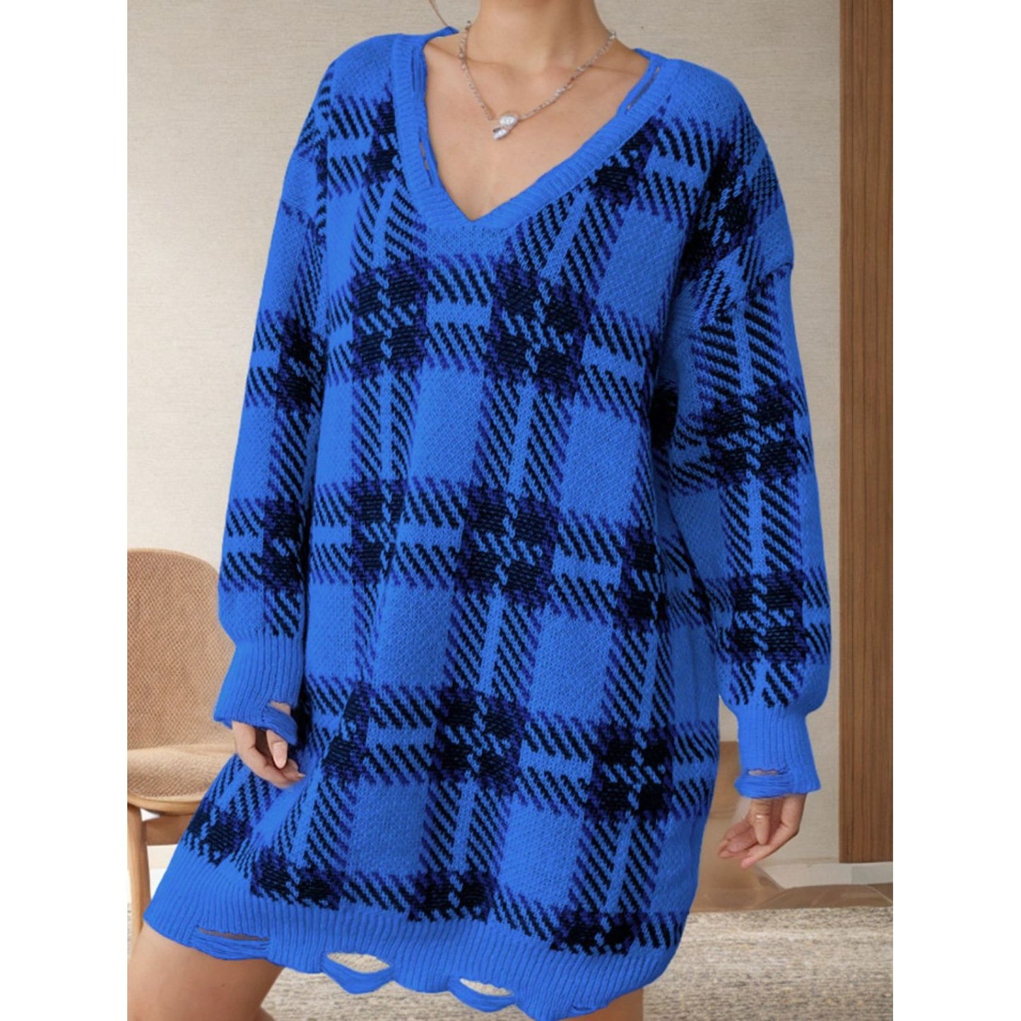 Distressed Plaid V-Neck Long Sleeve Sweater Dress