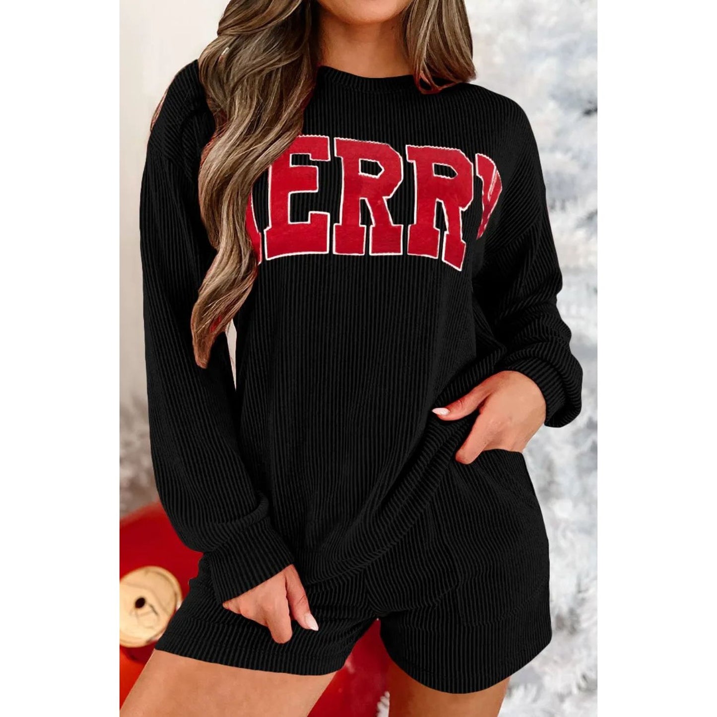 MERRY Round Neck Long Sleeve Top and Shorts Lounge Set