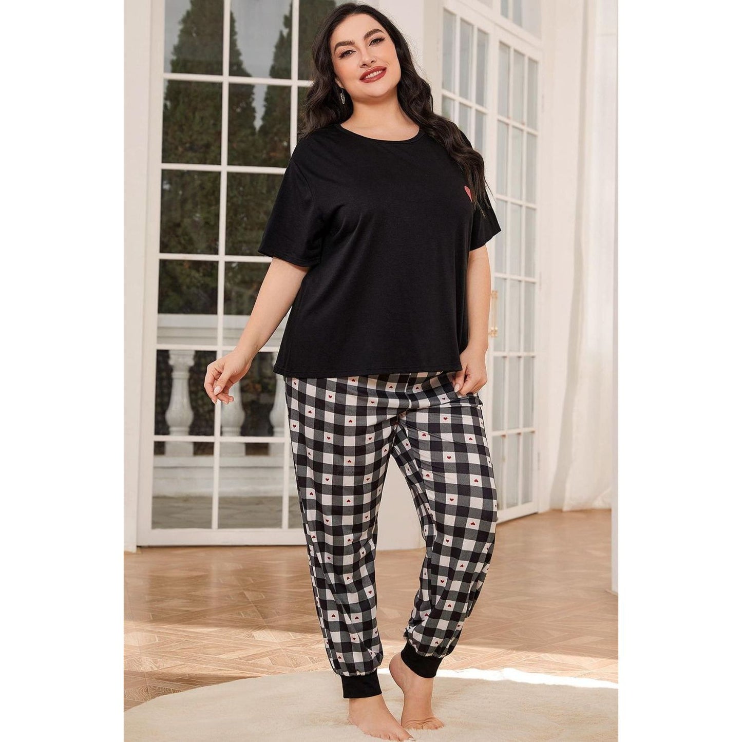 Plus Size Round Neck Short Sleeve Two-Piece Lounge Set