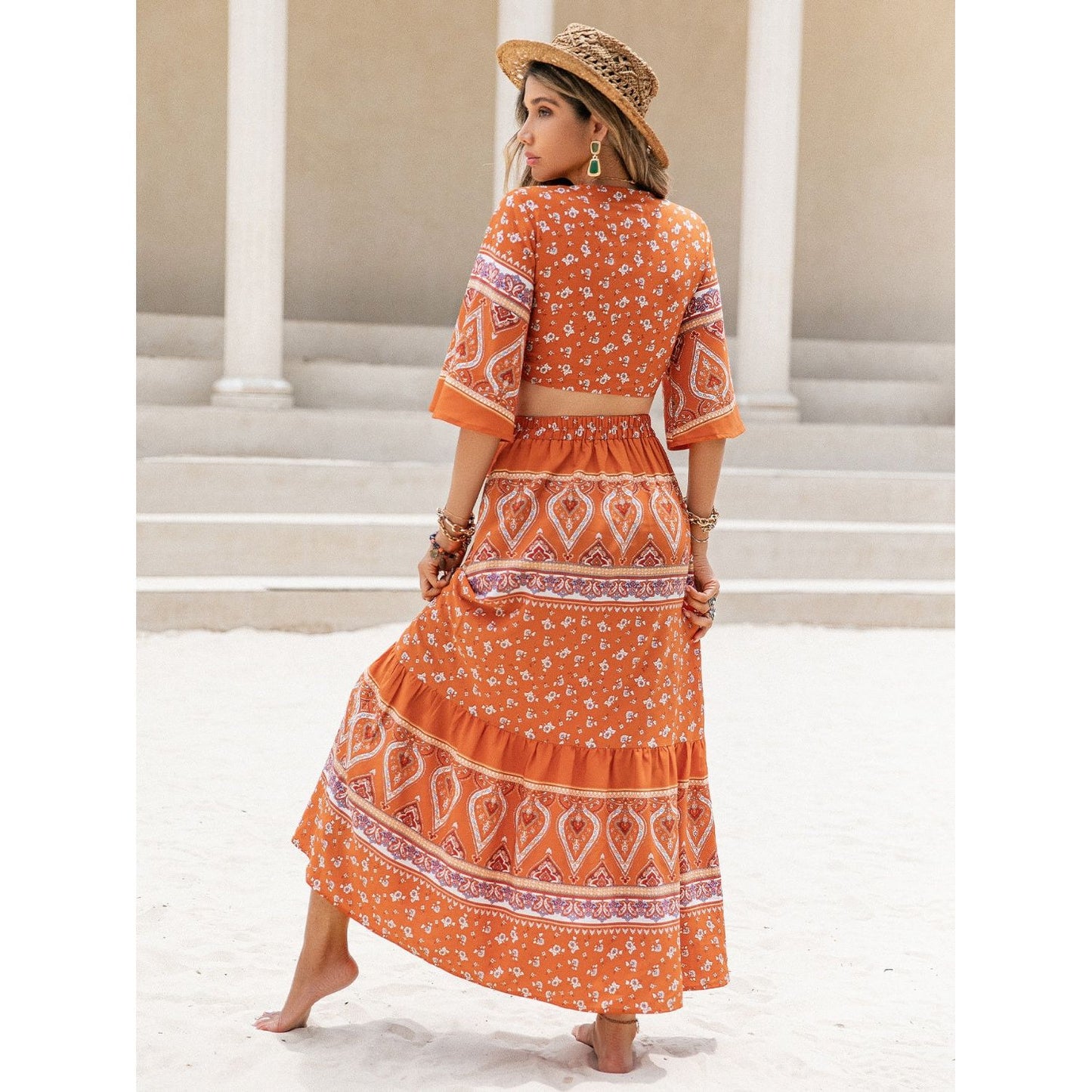 Printed Plunge Half Sleeve Top and Skirt Set