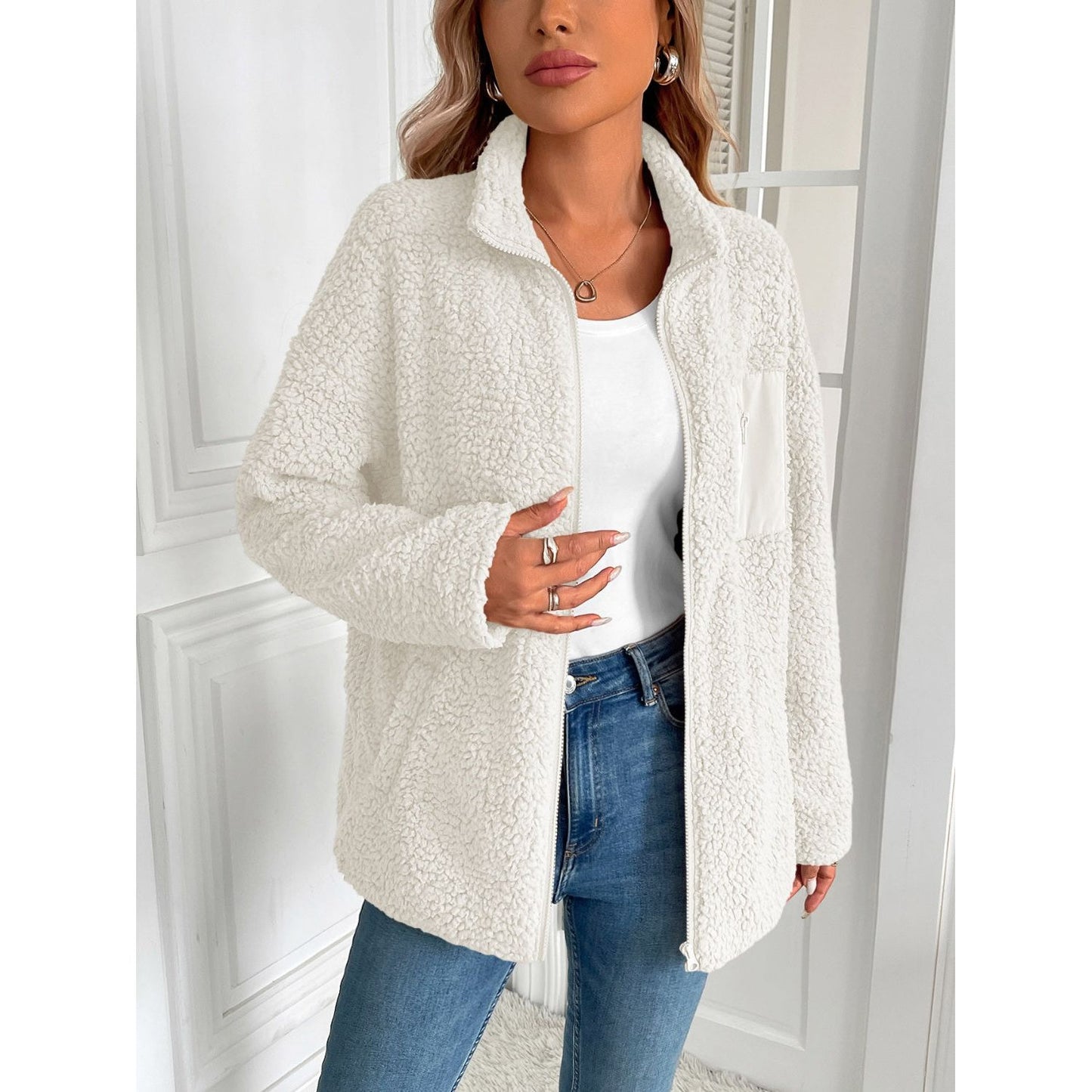 Ivy Lane Zip Up Long Sleeve Fuzzy Jacket