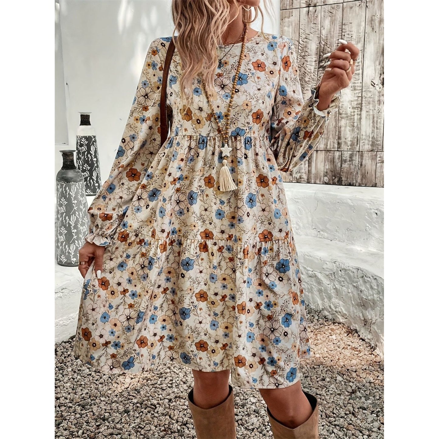 Ruffled Printed Round Neck Long Sleeve Dress