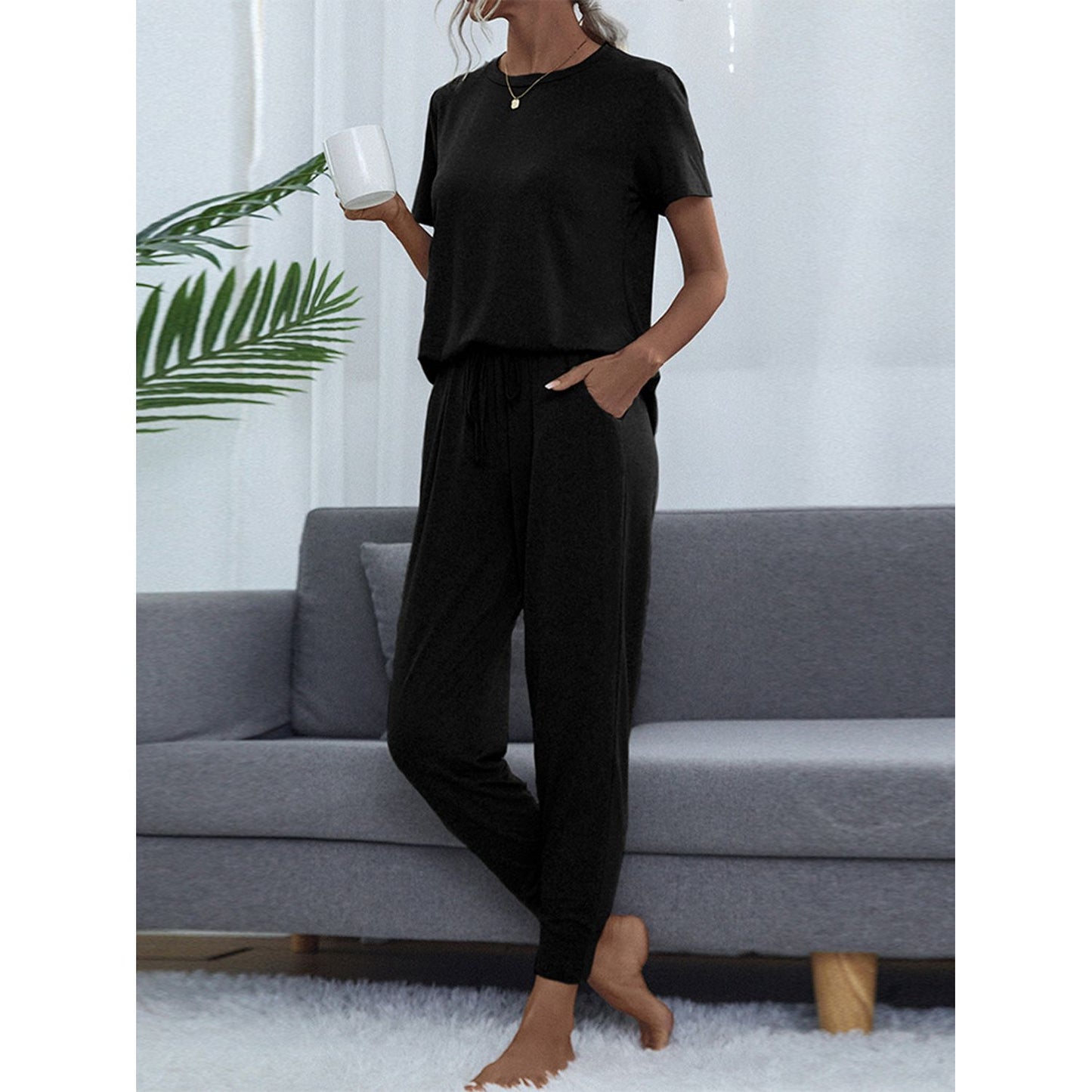 Shiny Round Neck Short Sleeve Top and Pants Set