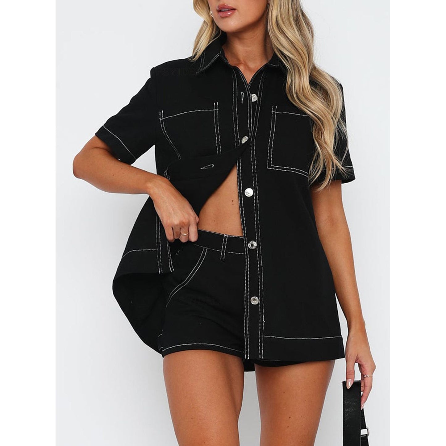 Pocketed Button Up Top and Shorts Set