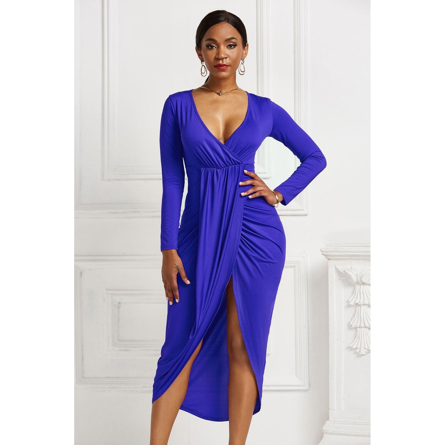 High-low Ruched Surplice Long Sleeve Dress