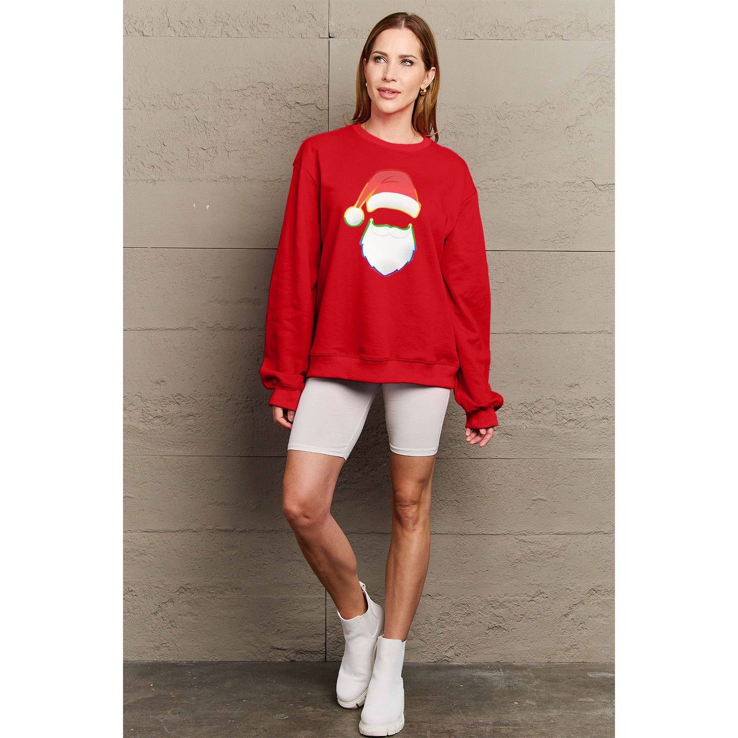 Simply Love Full Size Rainbow Santa Graphic Round Neck Sweatshirt