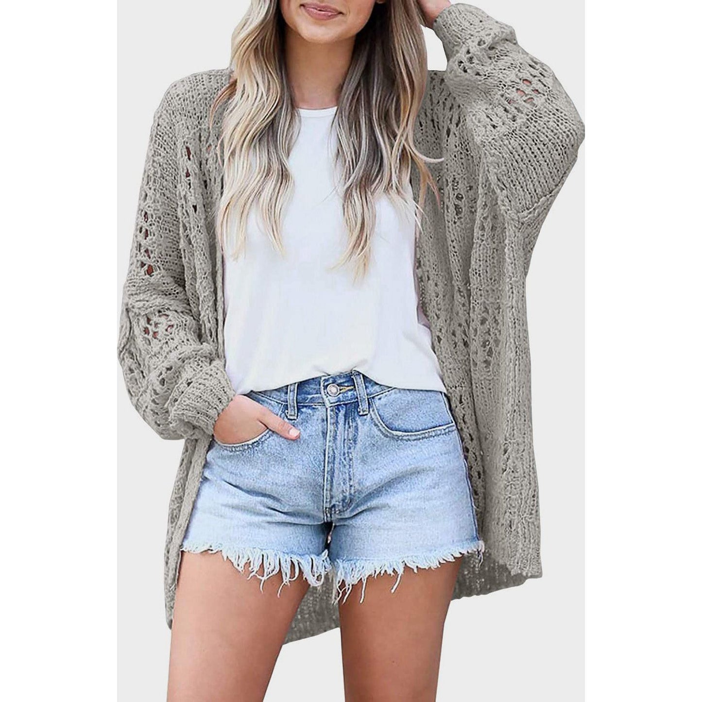 Openwork Open Front Long Sleeve Cardigan