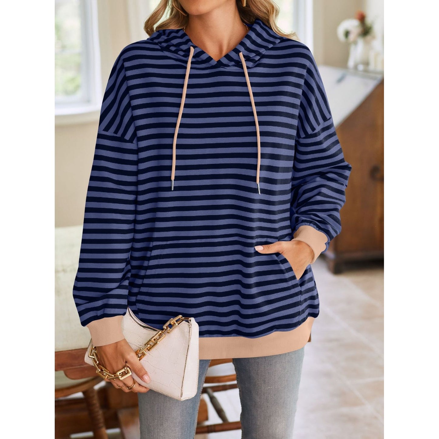 Lovelet Drawstring Striped Long Sleeve Hoodie