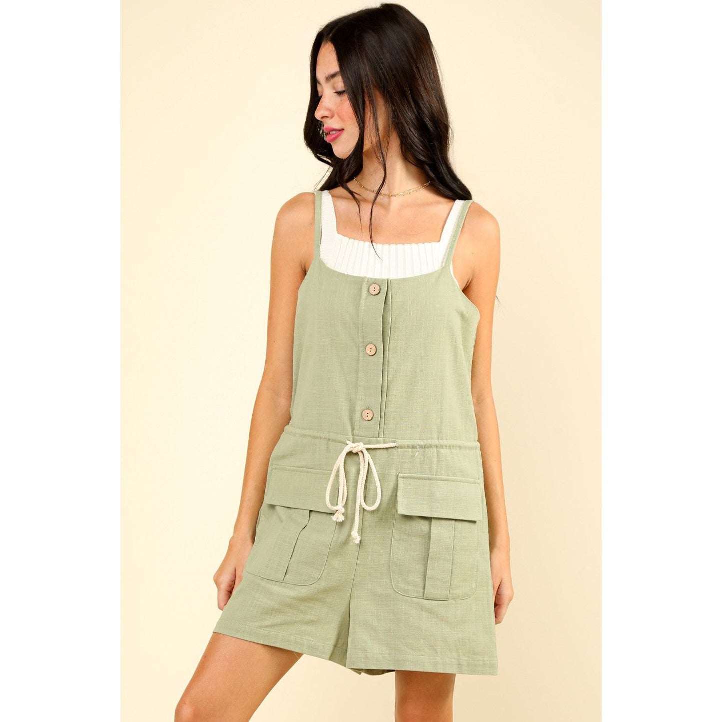 VERY J Half Button Drawstring Sleeveless Romper