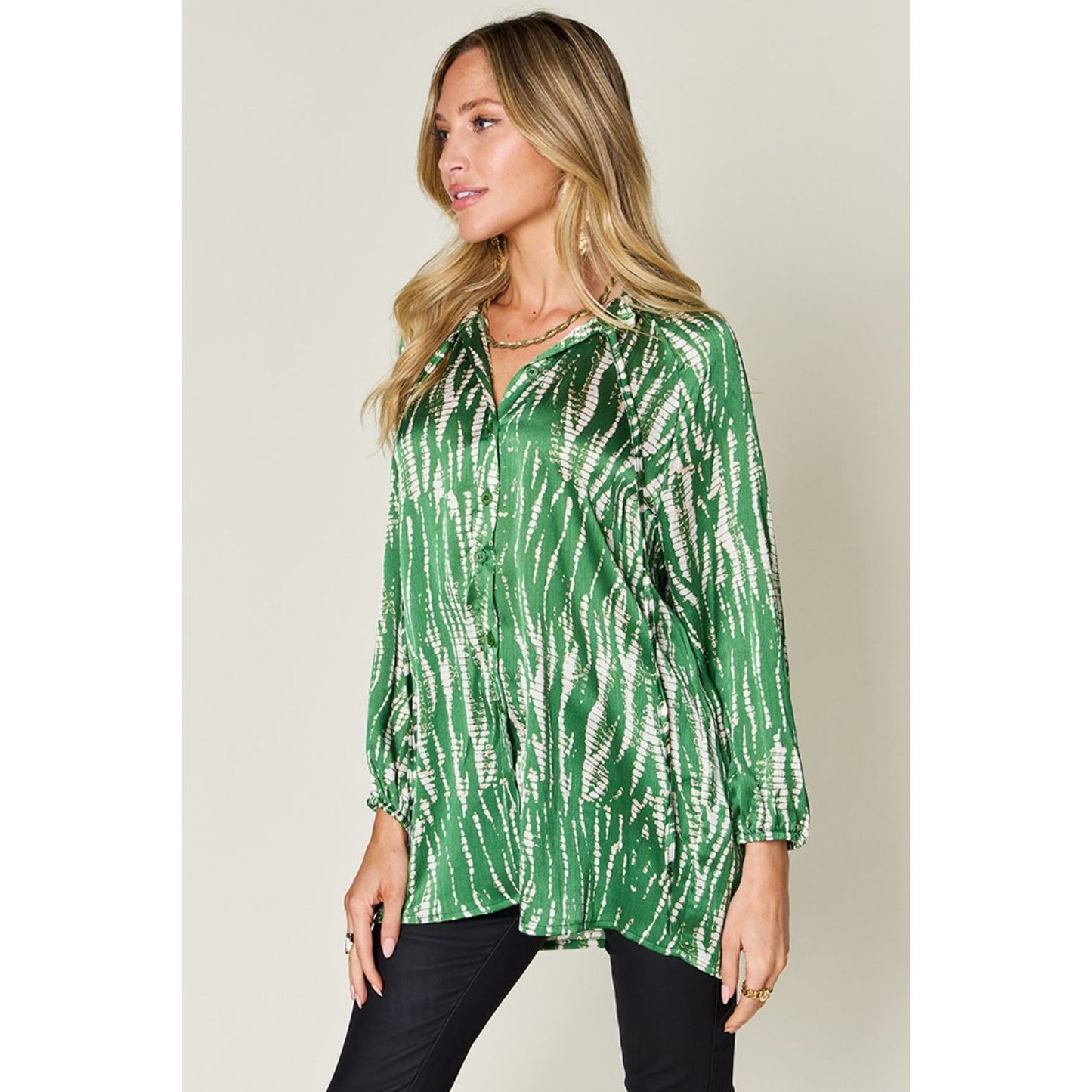 Double Take Full Size Printed Button Up Long Sleeve Shirt