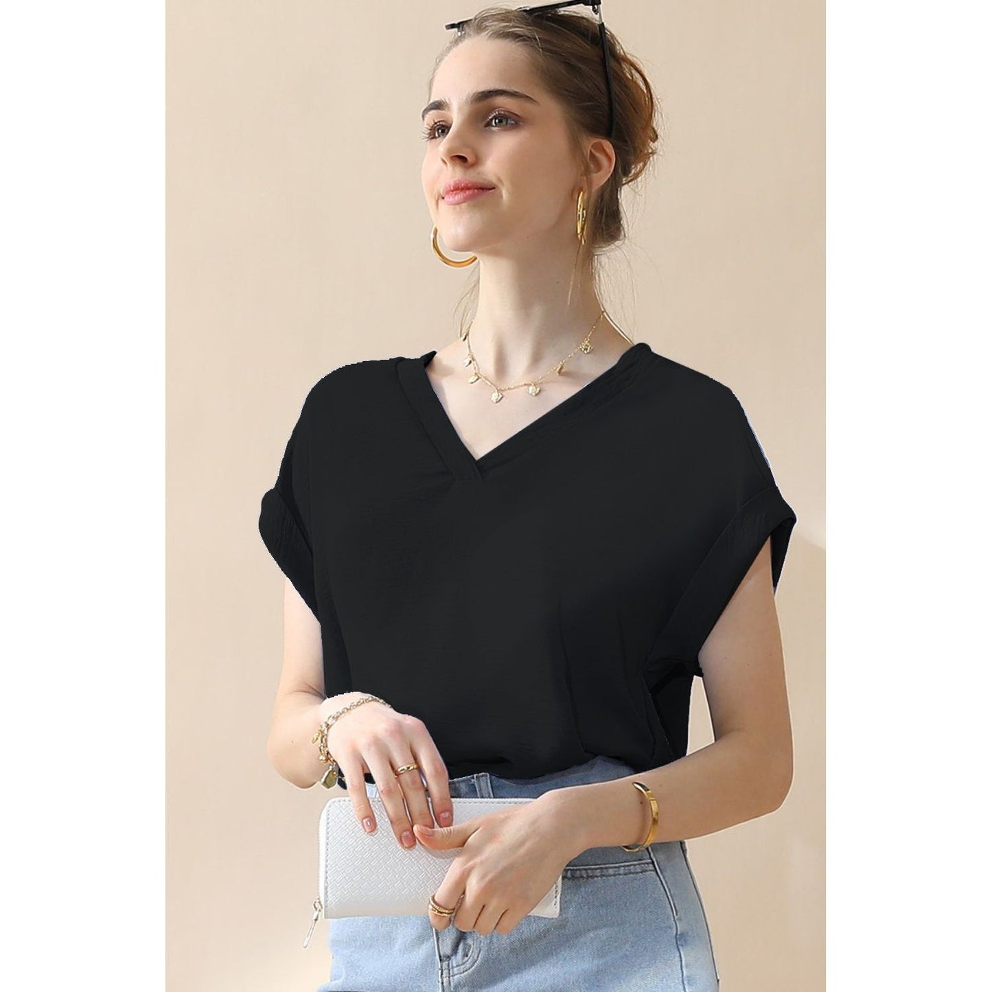 Ninexis V-Neck Trim Rolled Short Sleeve Shirt