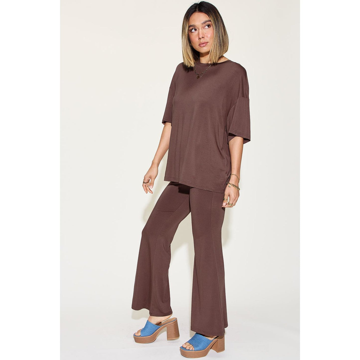 Basic Bae Full Size Bamboo Drop Shoulder T-Shirt and Flare Pants Set