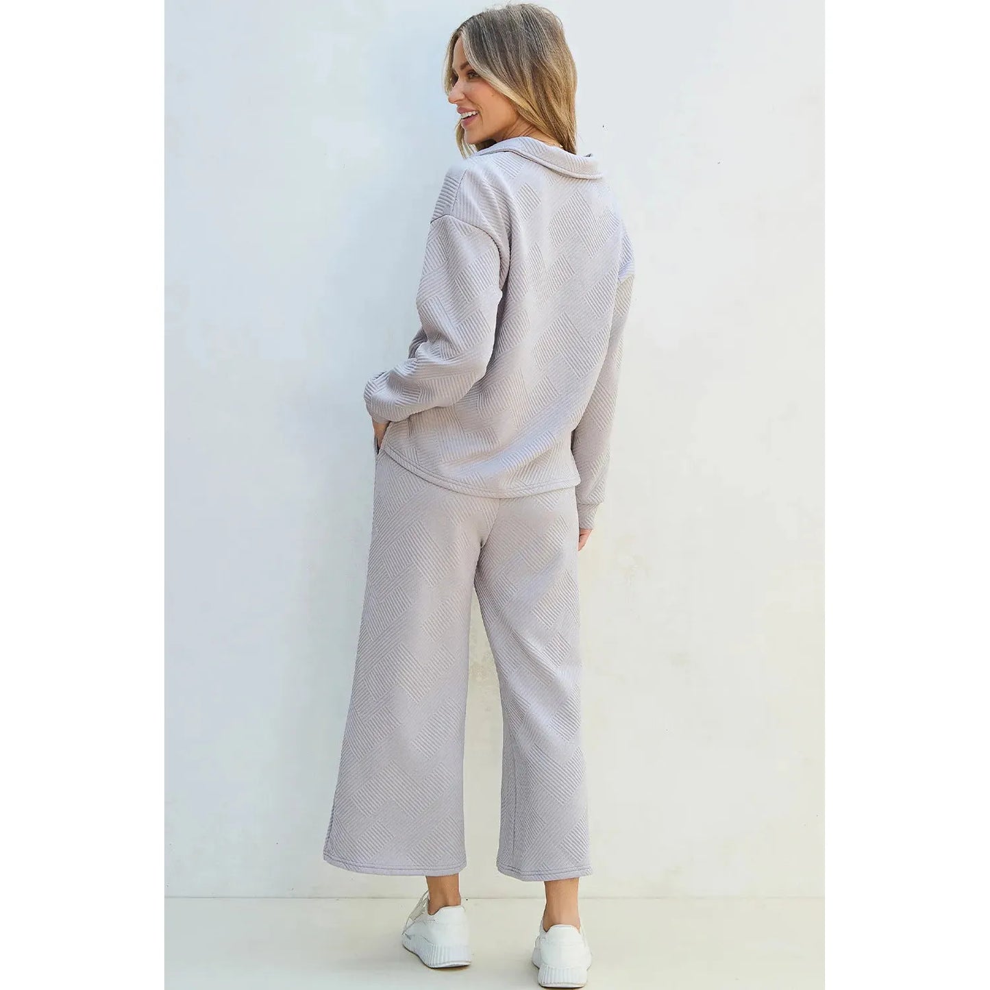 Textured Long Sleeve Top and Drawstring Pants Set