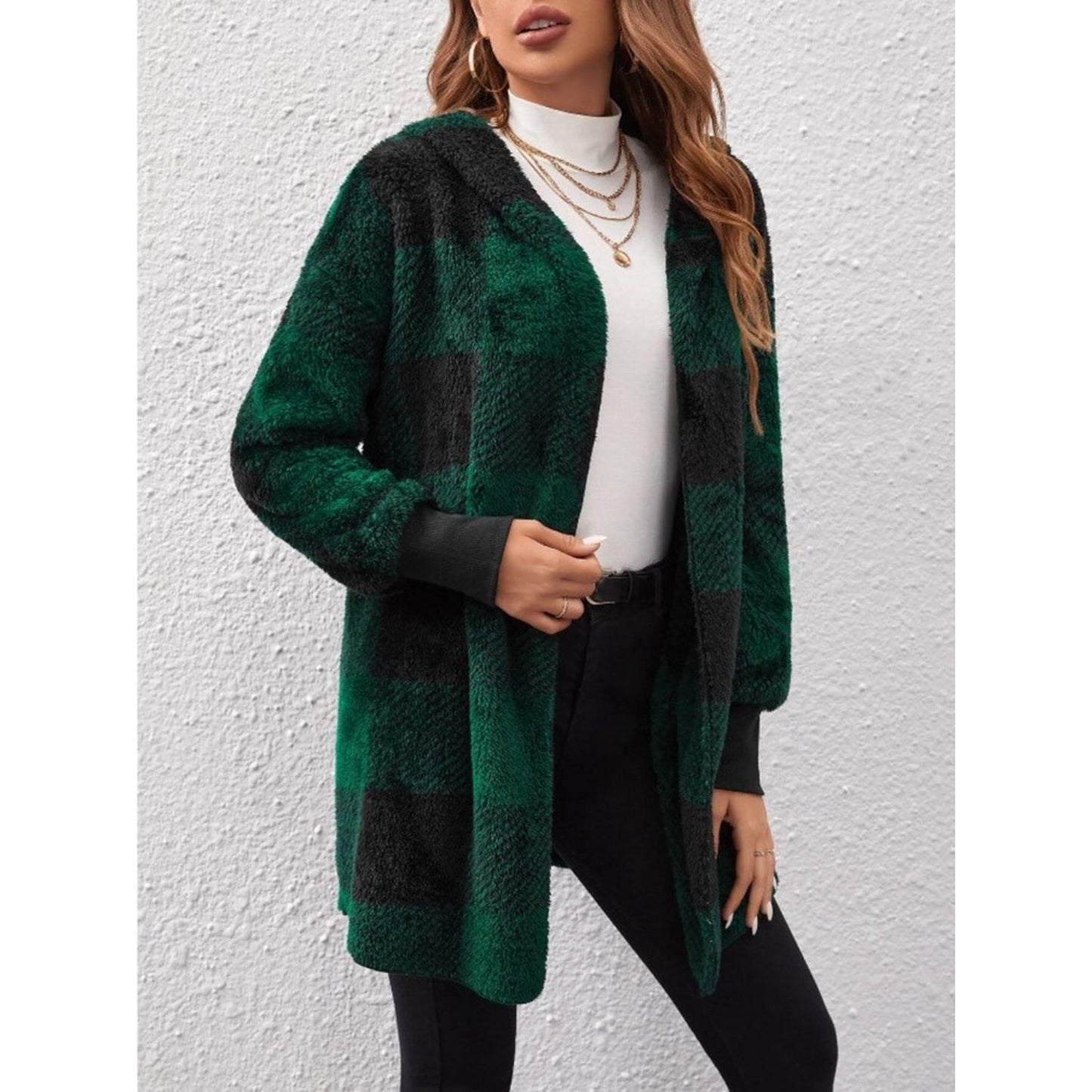 Plaid Long Sleeve Hooded Coat