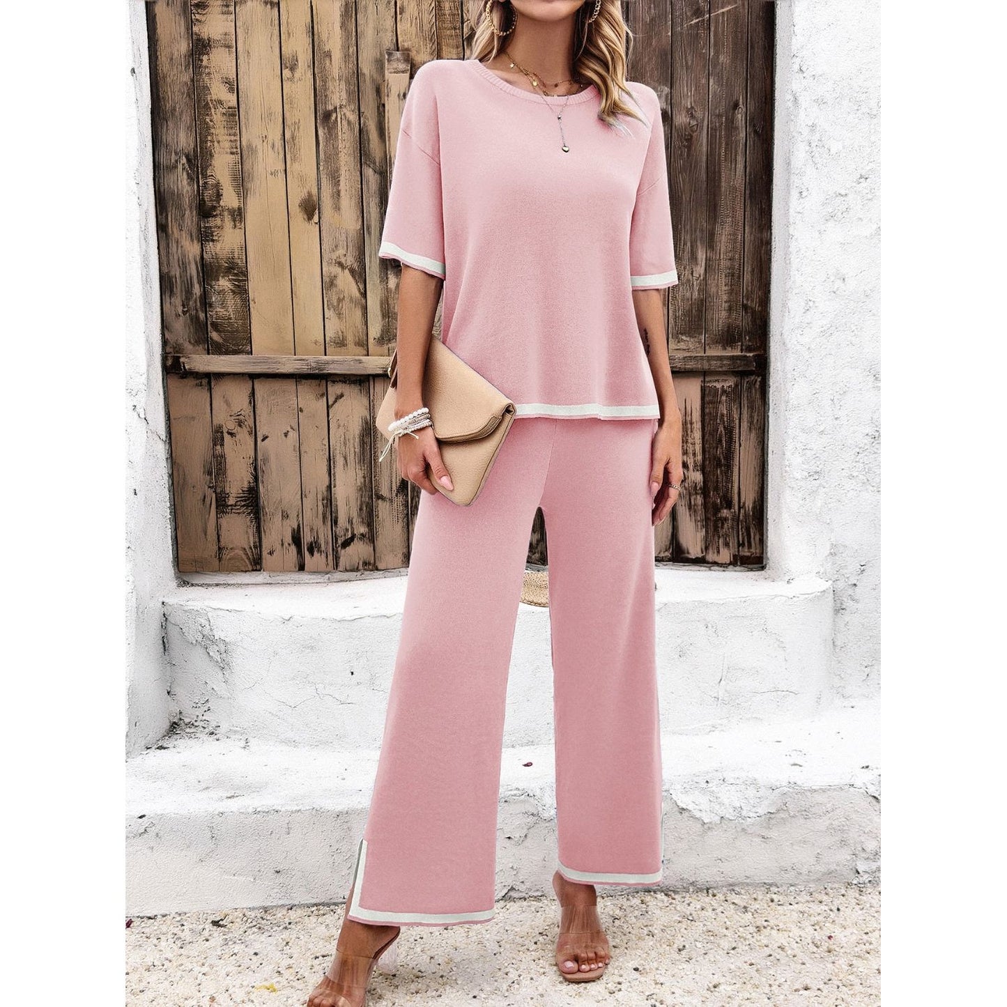 Contrast Trim Round Neck Top and Pants Set