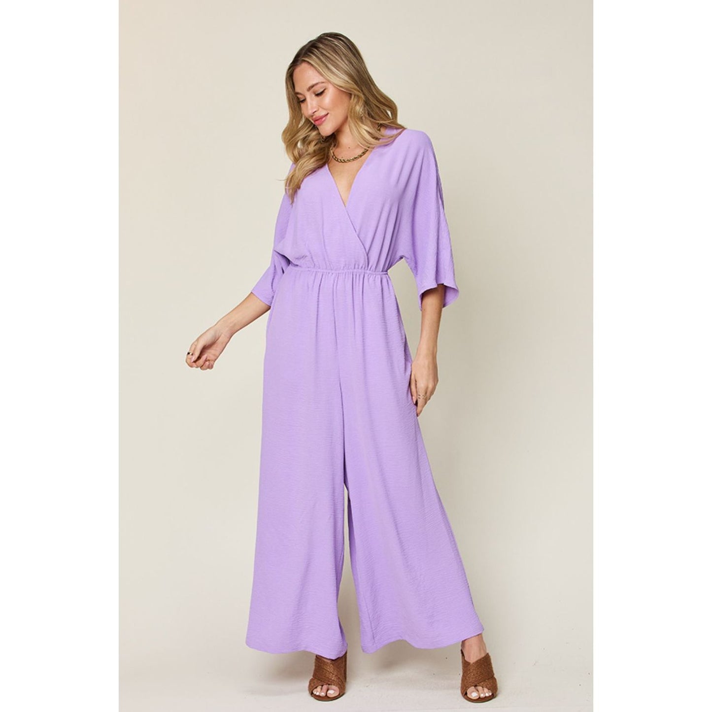 Double Take Full Size Surplice Wide Leg Jumpsuit with Pockets