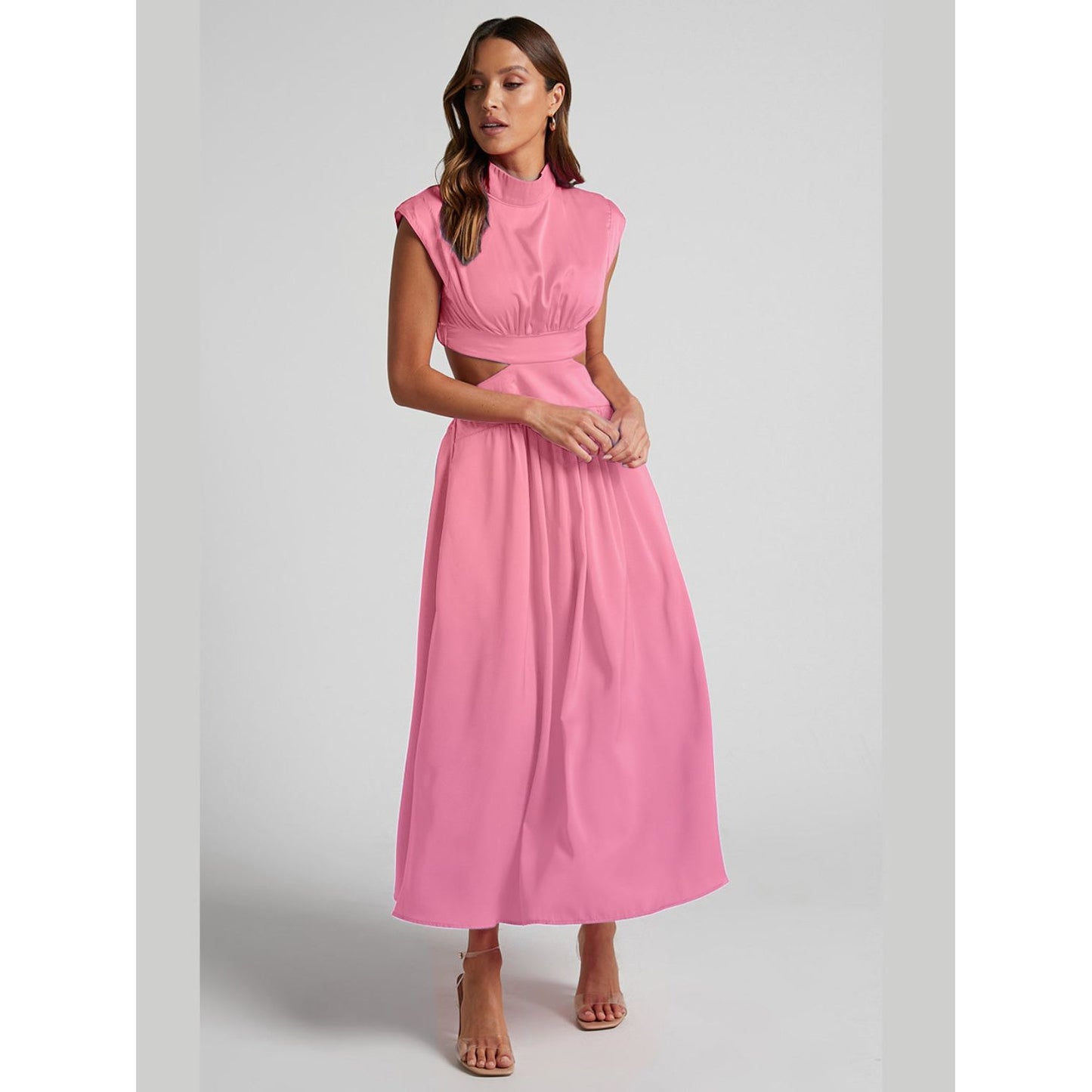 Cutout Mock Neck Sleeveless Ruched Dress