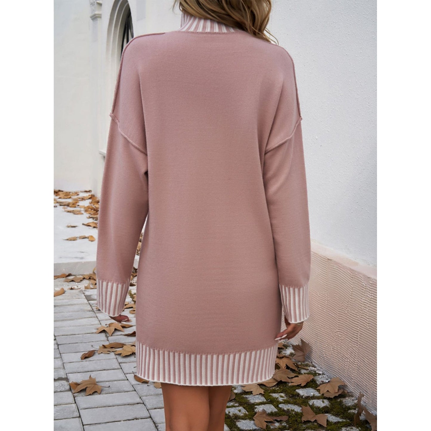 Devine Striped Mock Neck Long Sleeve Sweater Dress