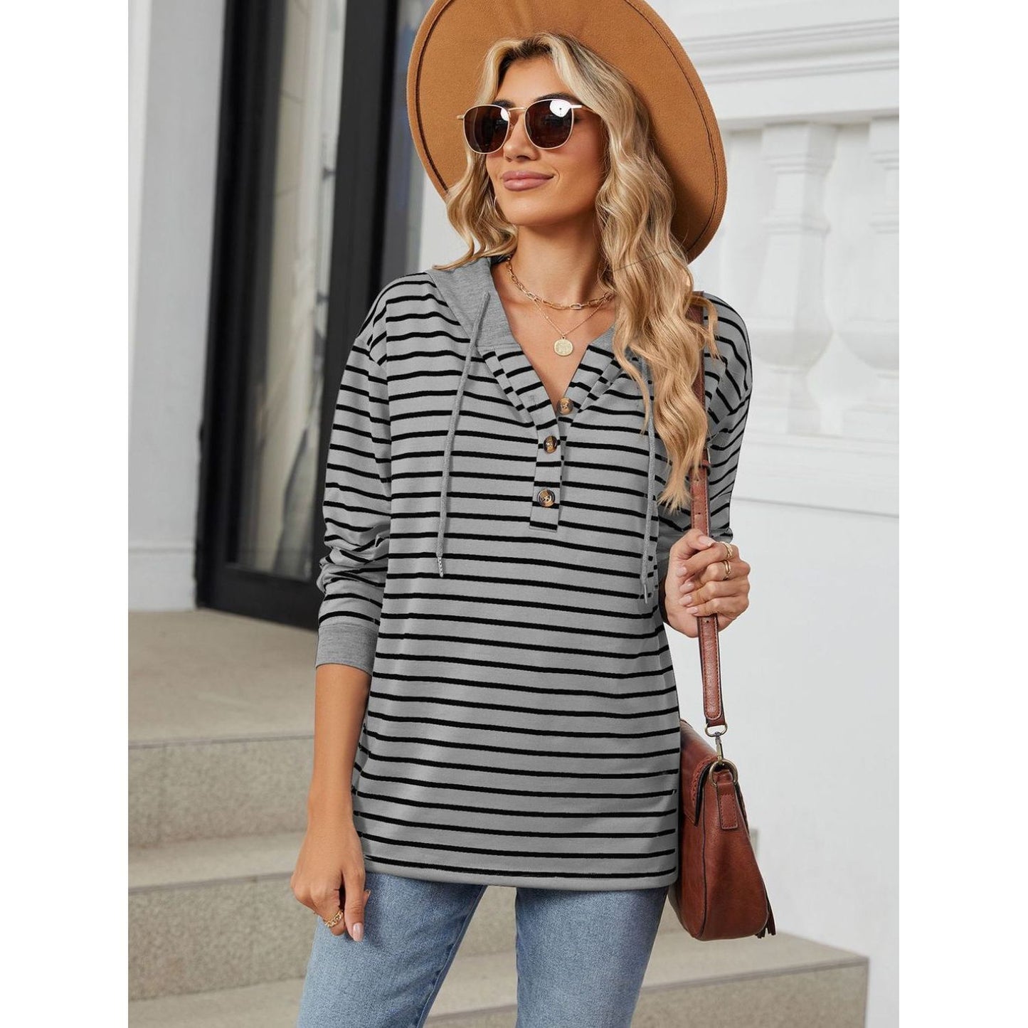 Drawstring Striped Long Sleeve Hoodie