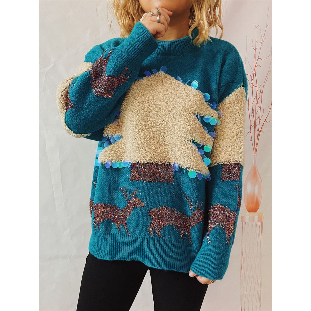 Sequin Christmas Tree & Reindeer Round Neck Sweater