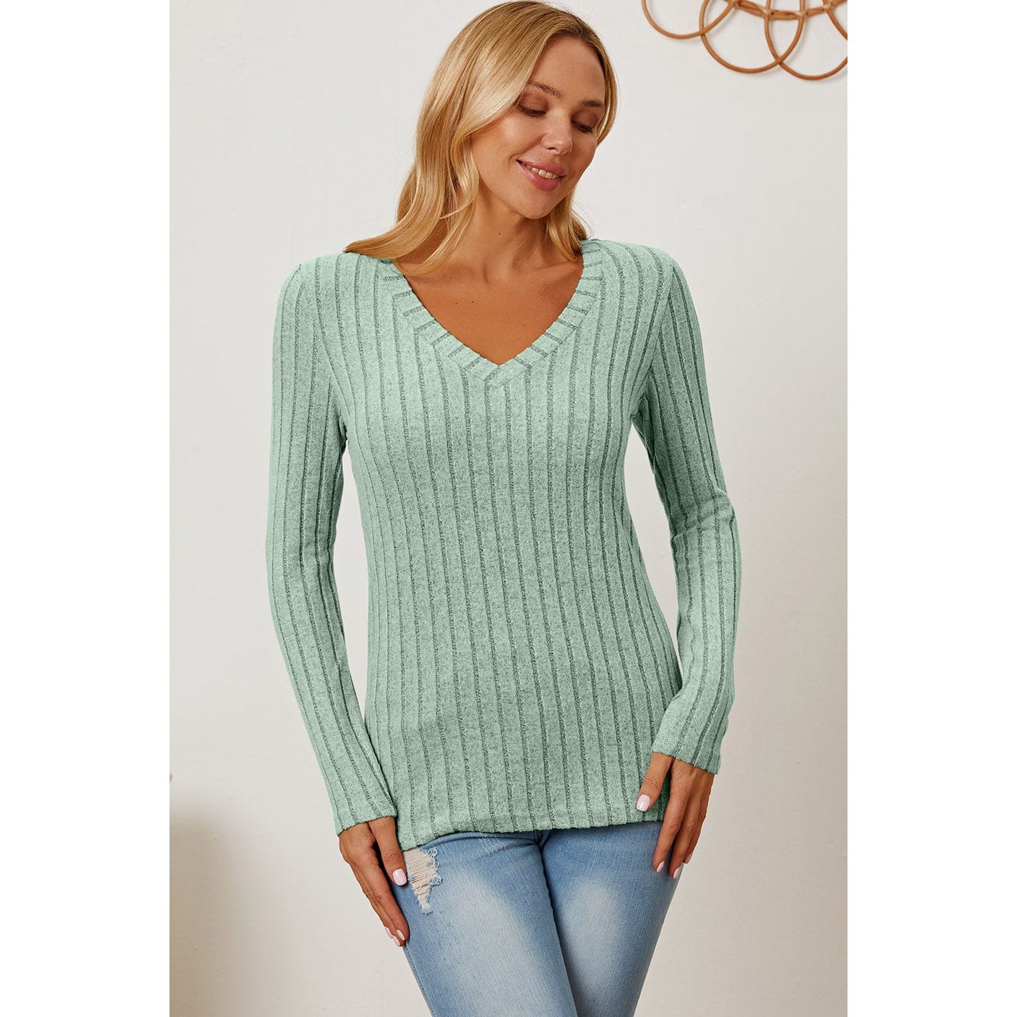 Basic Bae Full Size Ribbed V-Neck Long Sleeve T-Shirt