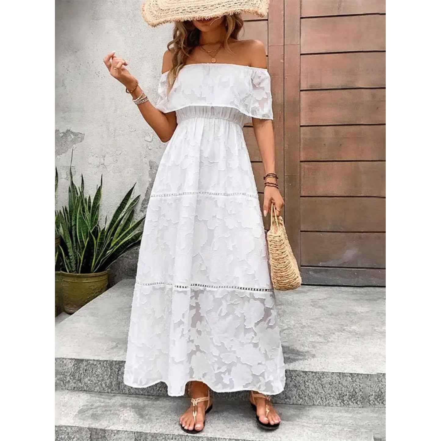 Off-Shoulder Short Sleeve Maxi Dress