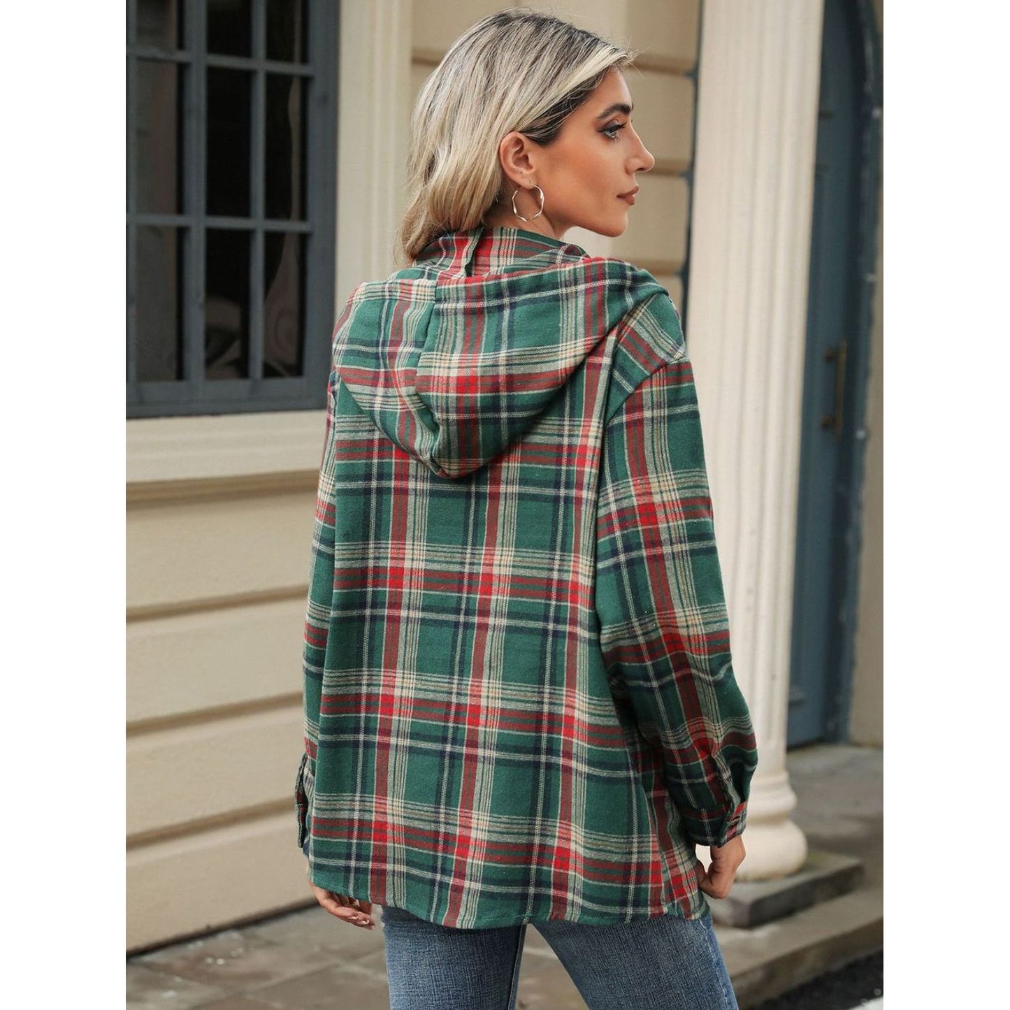 Drawstring Plaid Hooded Long Sleeve Top