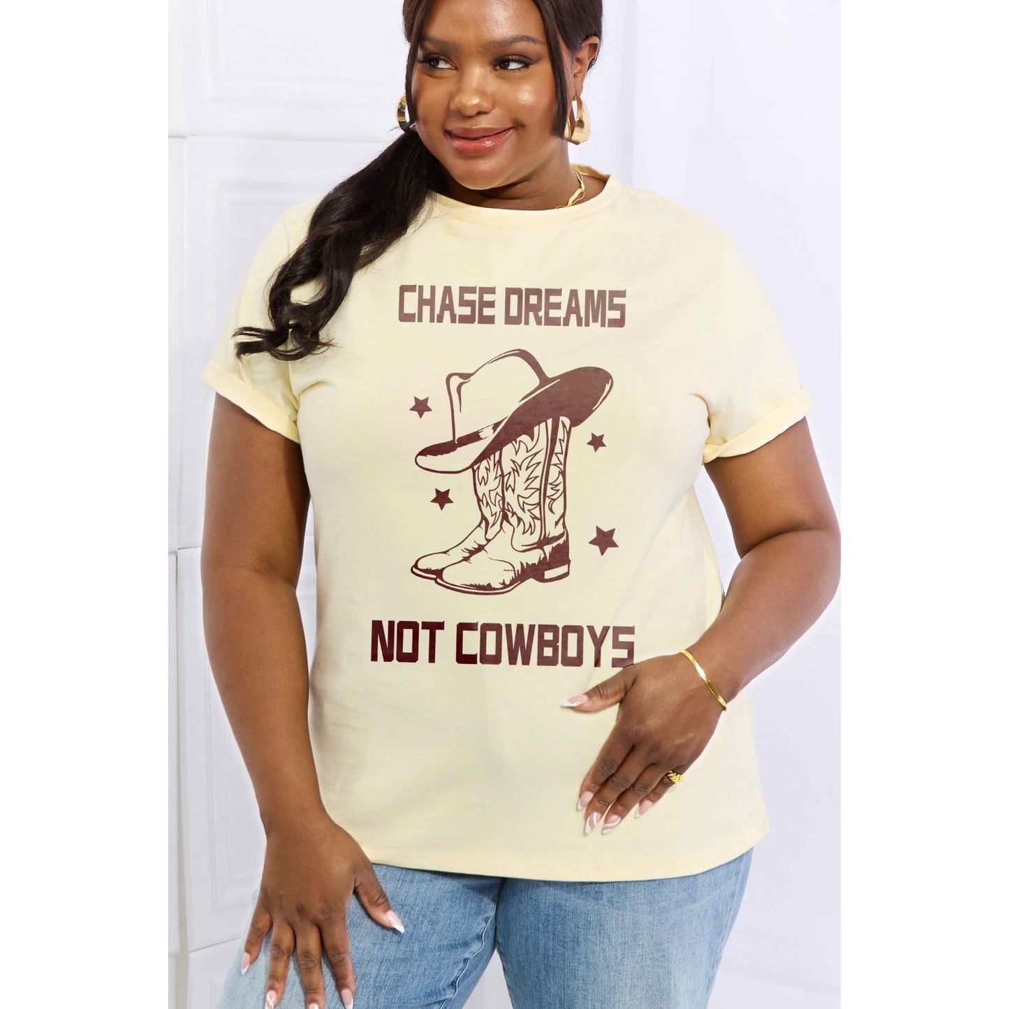 Simply Love Simply Love Full Size CHASE DREAMS NOT COWBOYS Graphic Cotton Tee