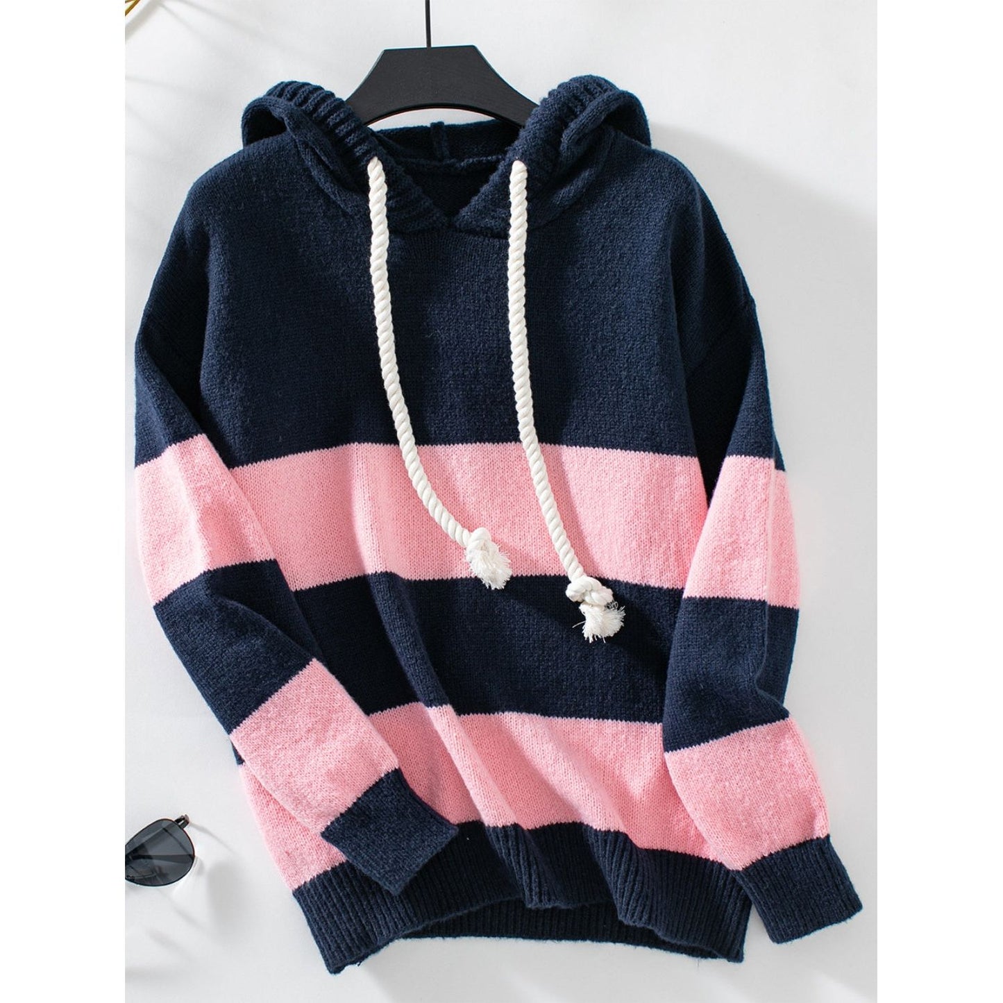 Drawstring Contrast Stripe Dropped Shoulder Hooded Sweater