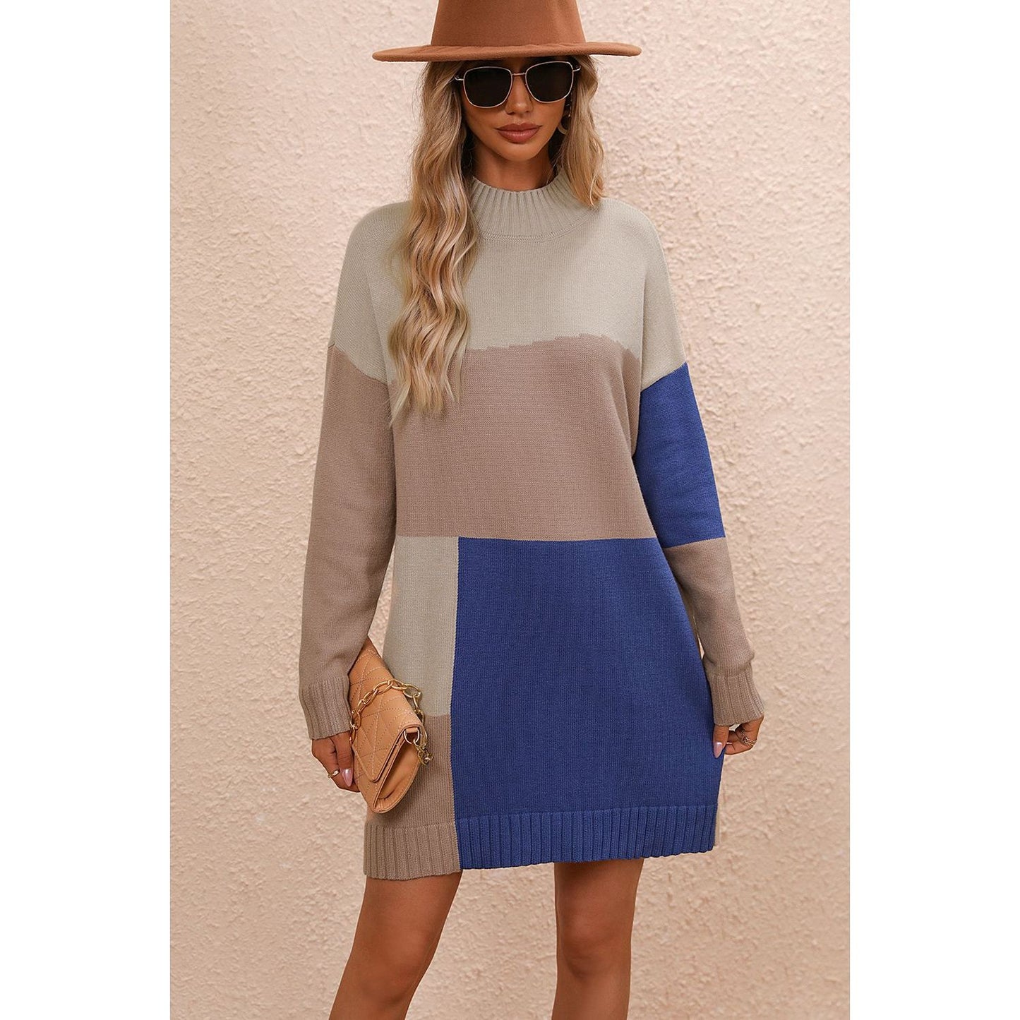 Color Block Mock Neck Dropped Shoulder Sweater Dress