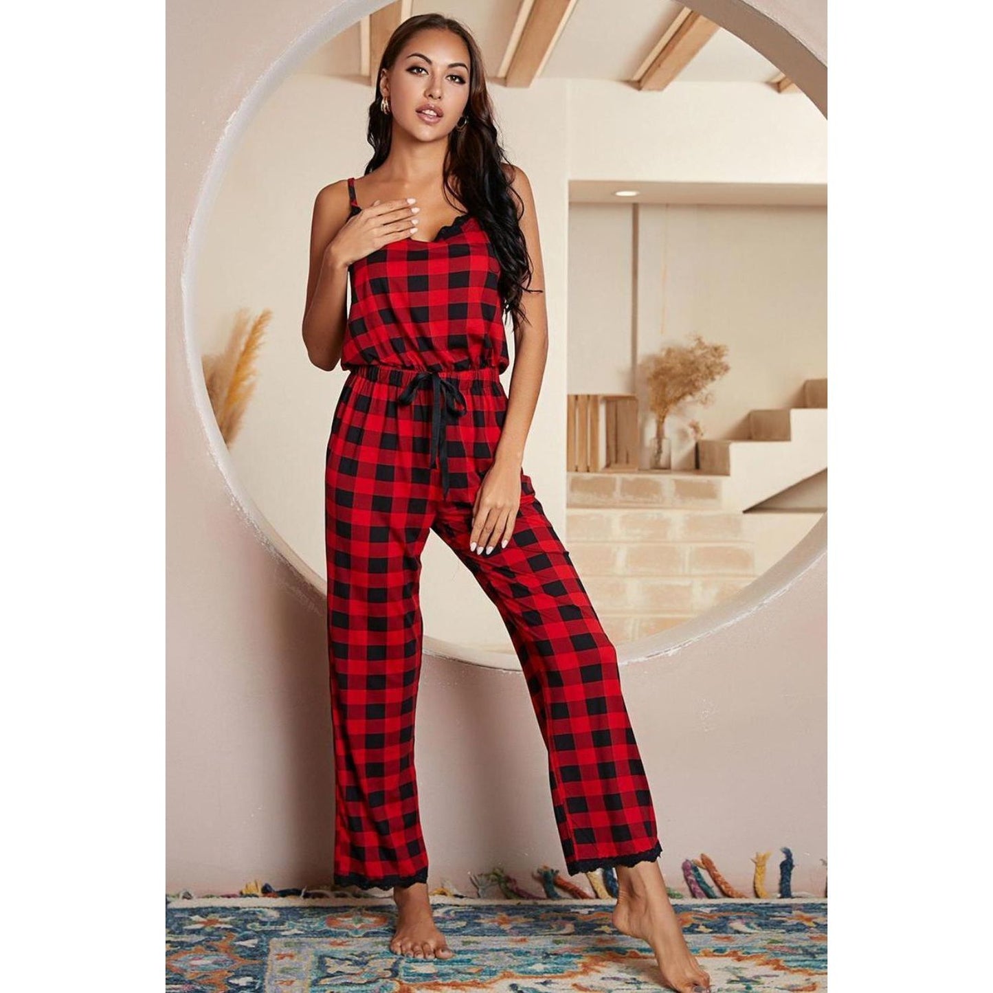 Plaid Lace Trim Spaghetti Strap Jumpsuit