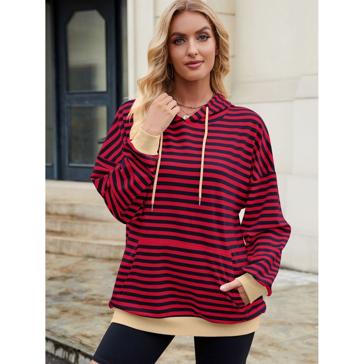 Drawstring Contrast Striped Long Sleeve Hoodie