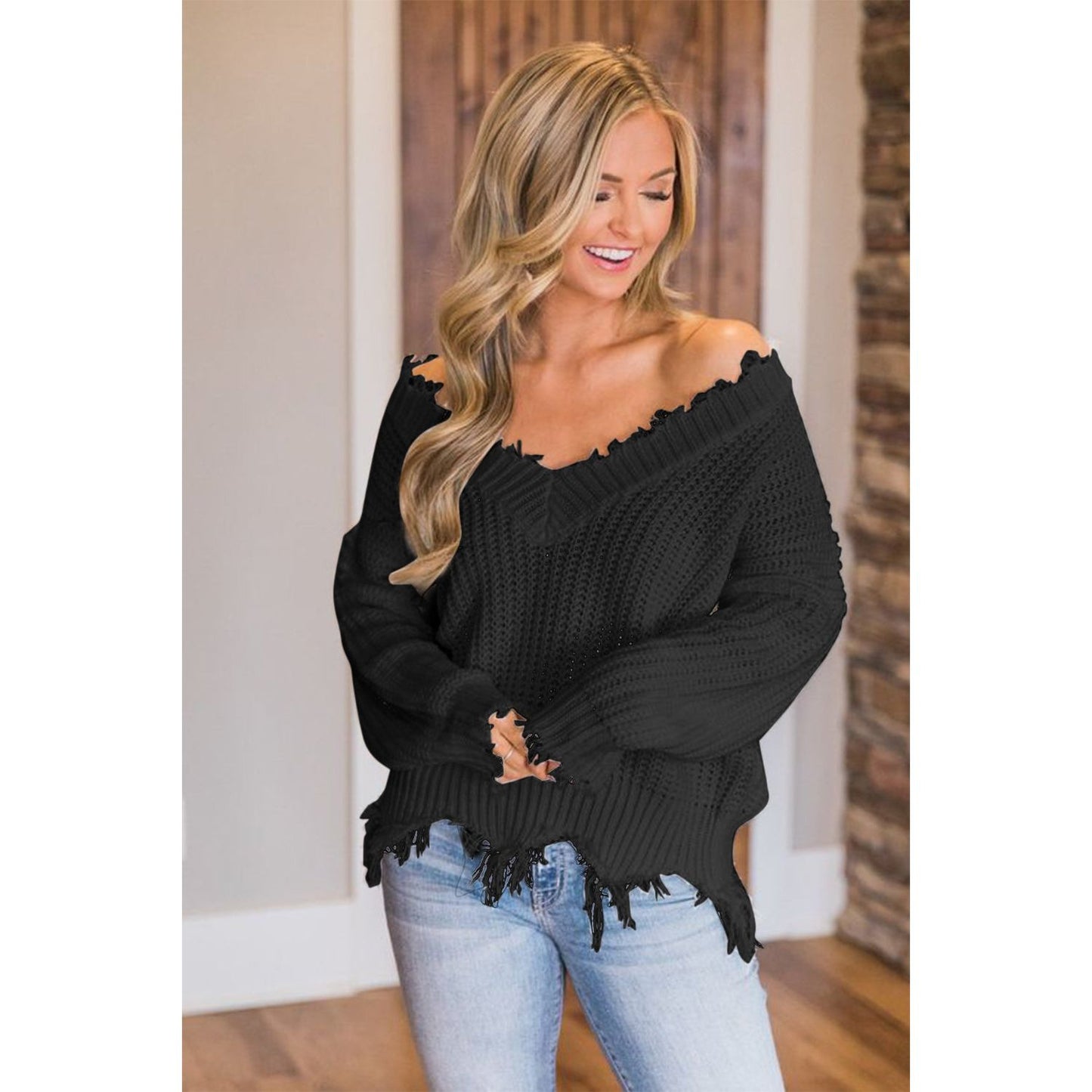 Frayed Hem Dropped Shoulder Sweater