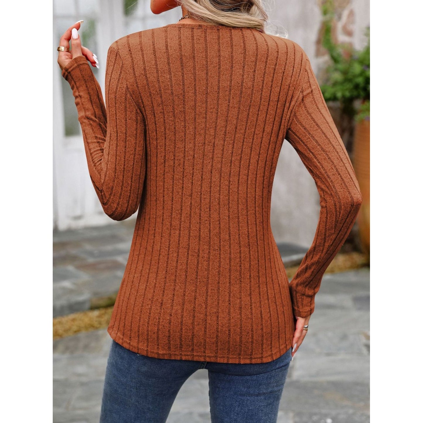 Decorative Button Round Neck Long Sleeve T-Shirt