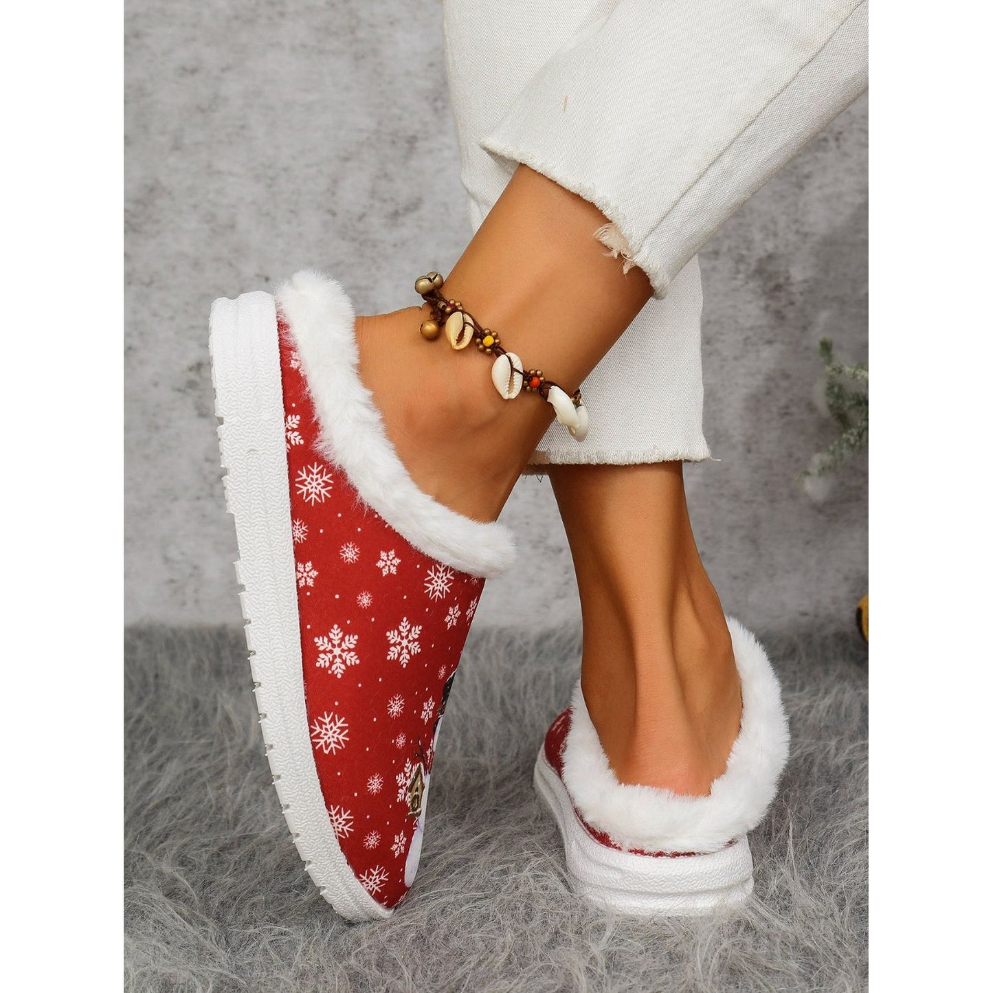 Snowman Print Flat Slippers with Faux Fur