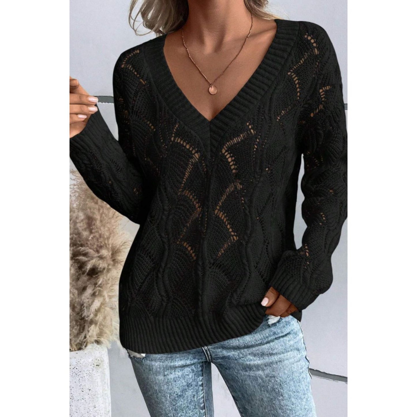 Openwork V-Neck Long Sleeve Sweater