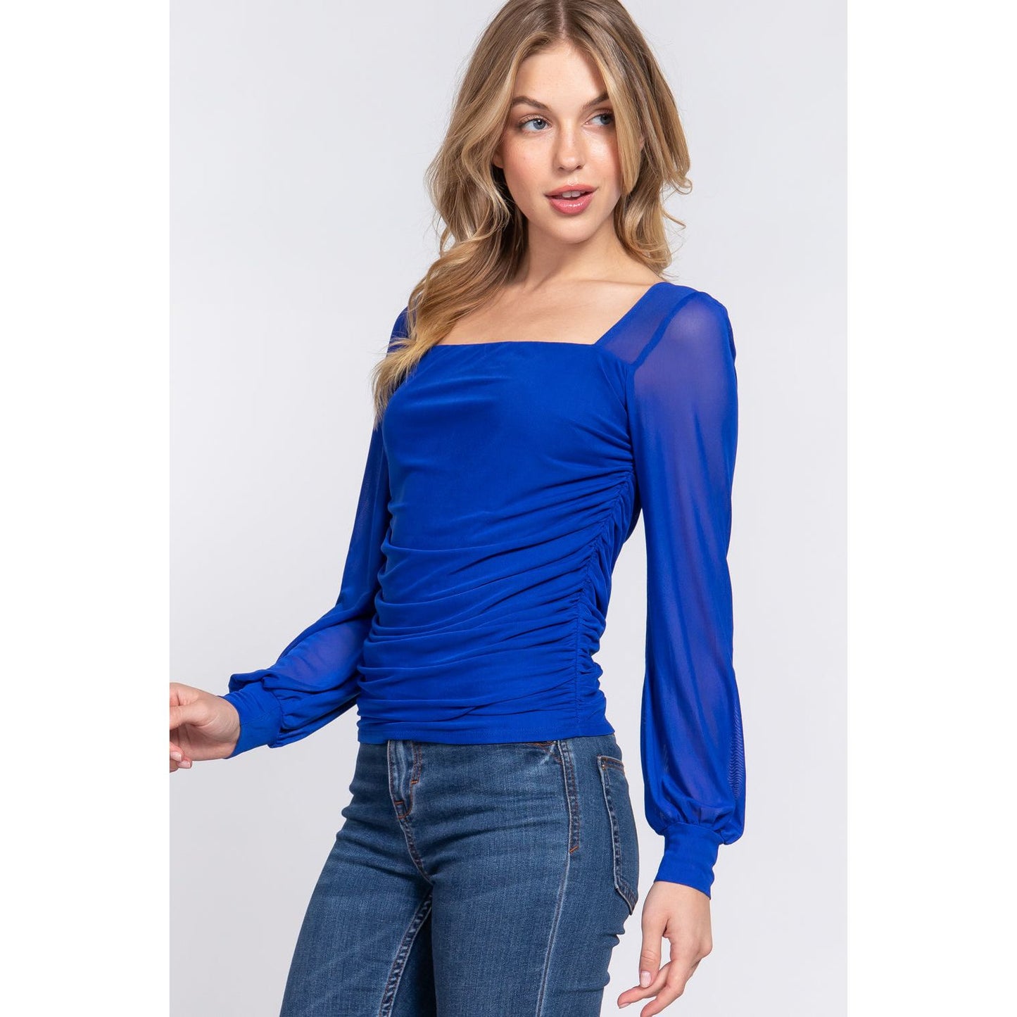 ACTIVE BASIC Square Neck Mesh Long Sleeve Shirring Top