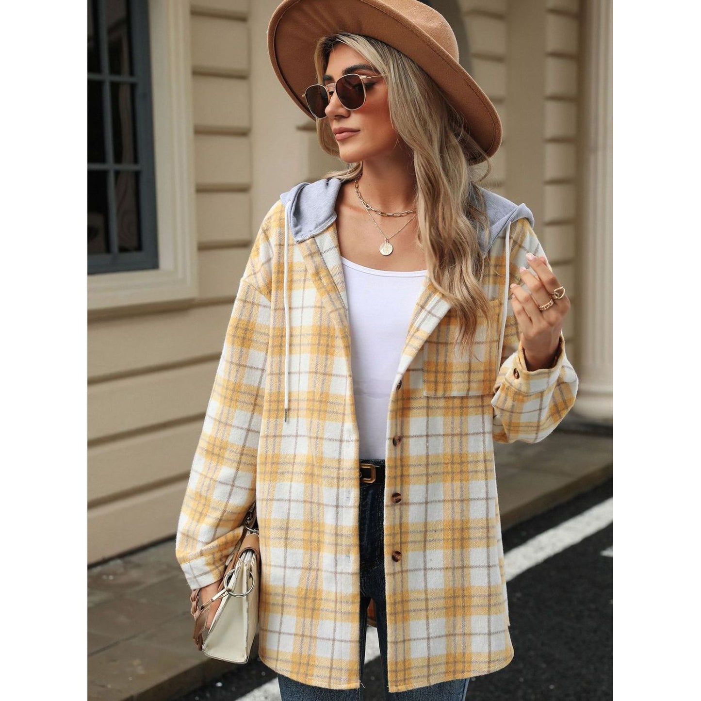 Drawstring Plaid Button Up Hooded Jacket