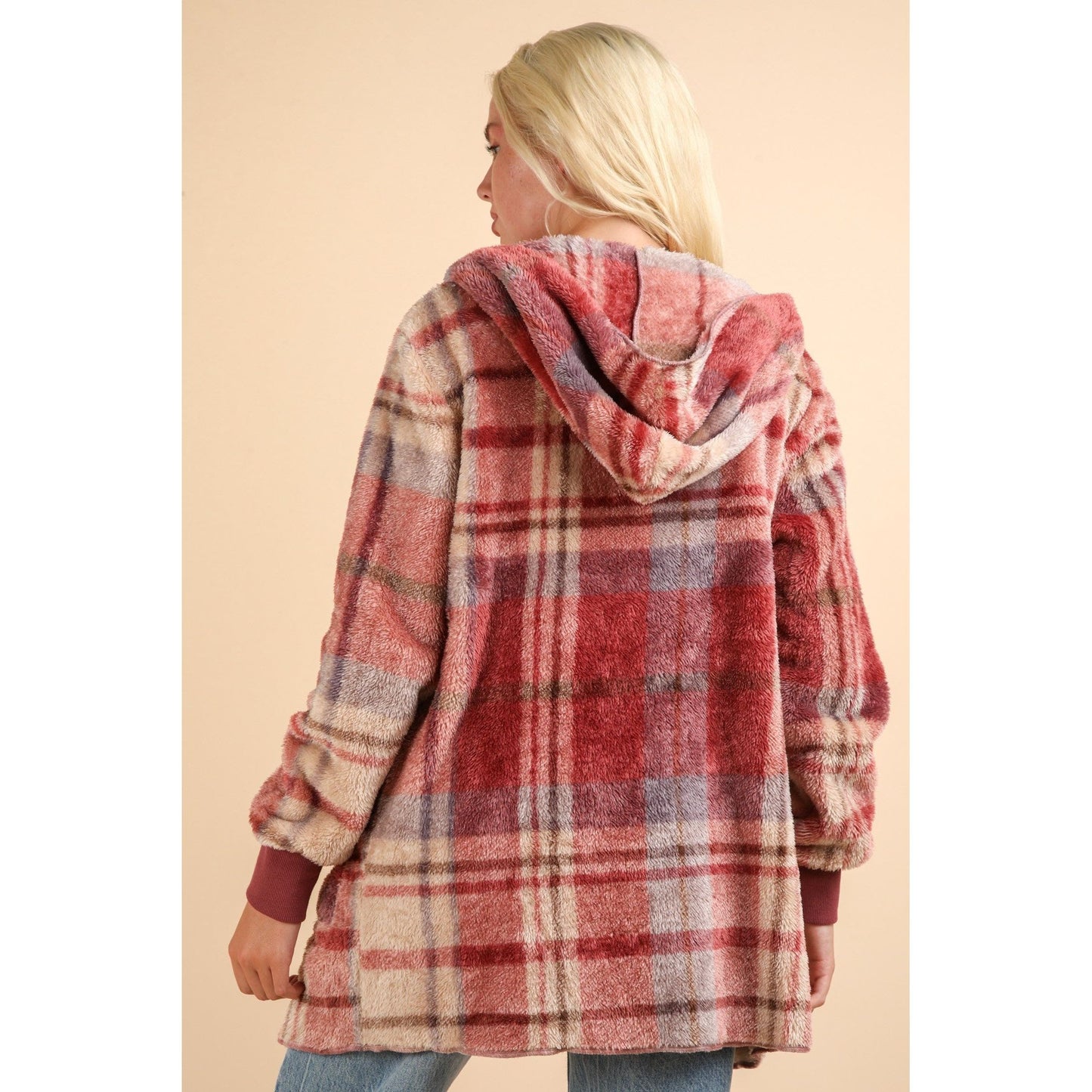 VERY J Fuzzy Plaid Long Sleeve Hooded Jacket