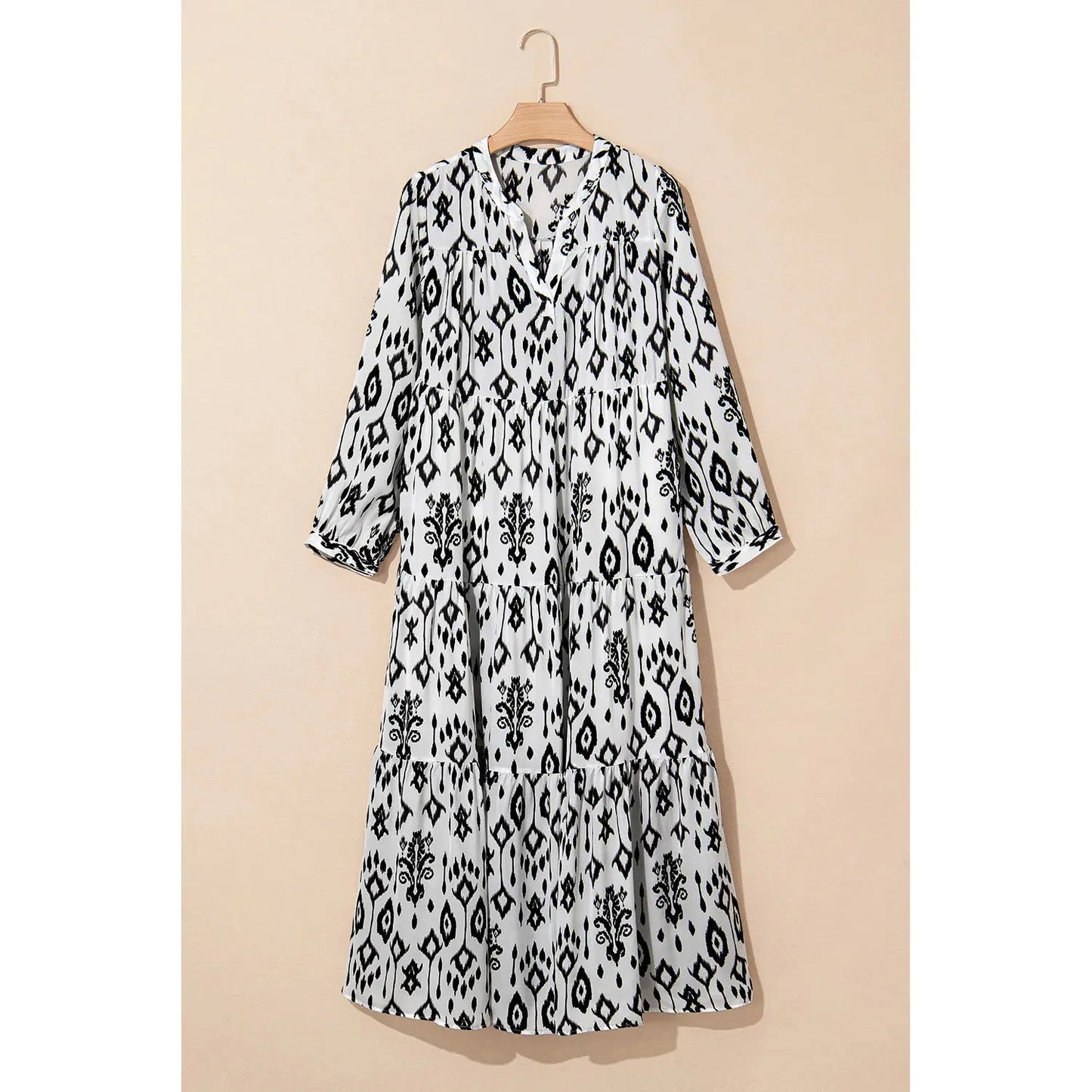 Tiered Printed Notched Long Sleeve Midi Dress