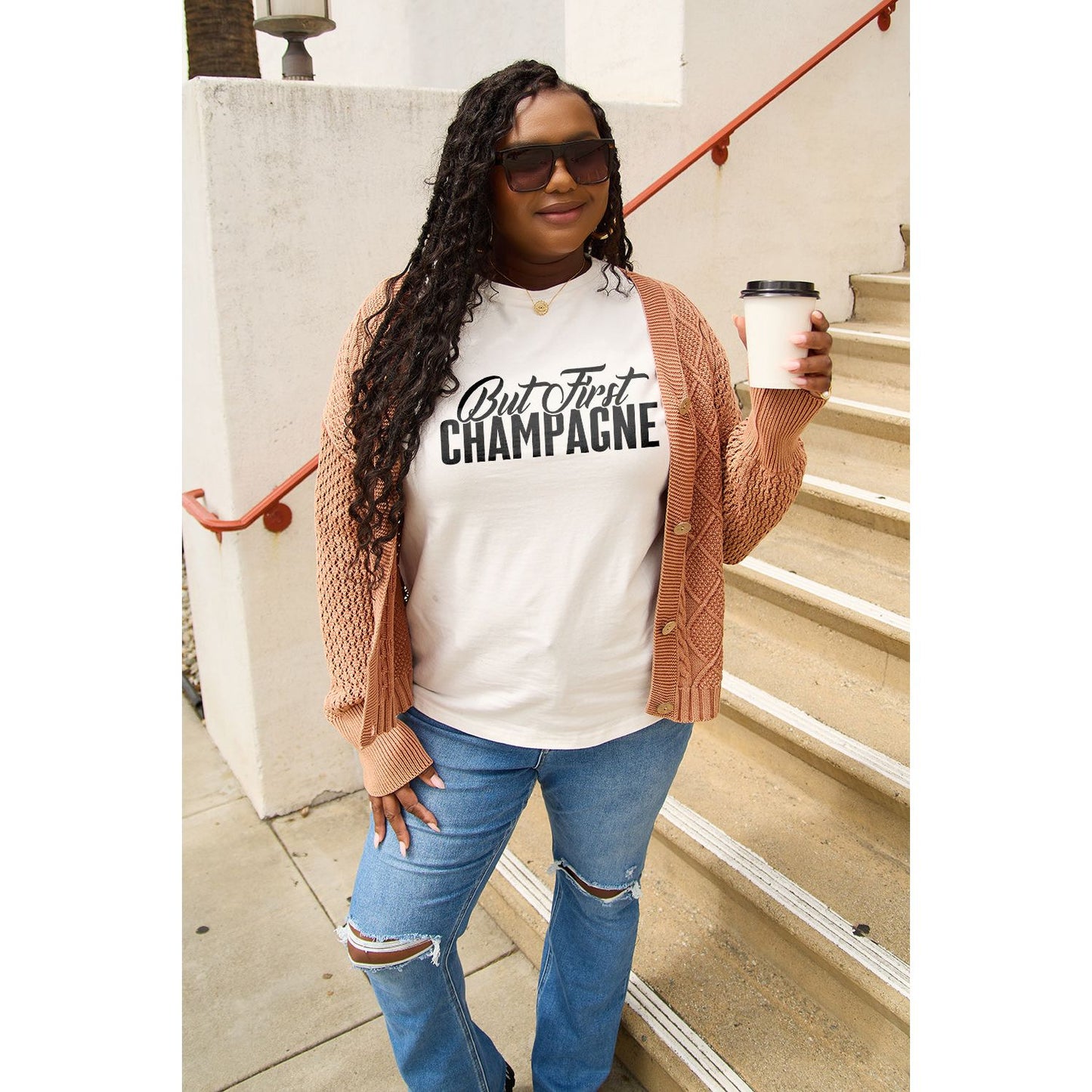 Simply Love Full Size BUT FIRST CHAMPAGNE Round Neck T-Shirt