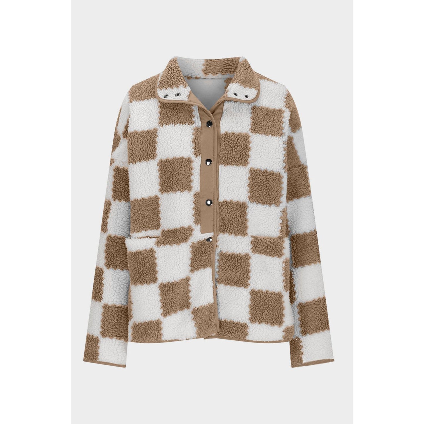 Checkered Snap Down Long Sleeve Teddy Jacket