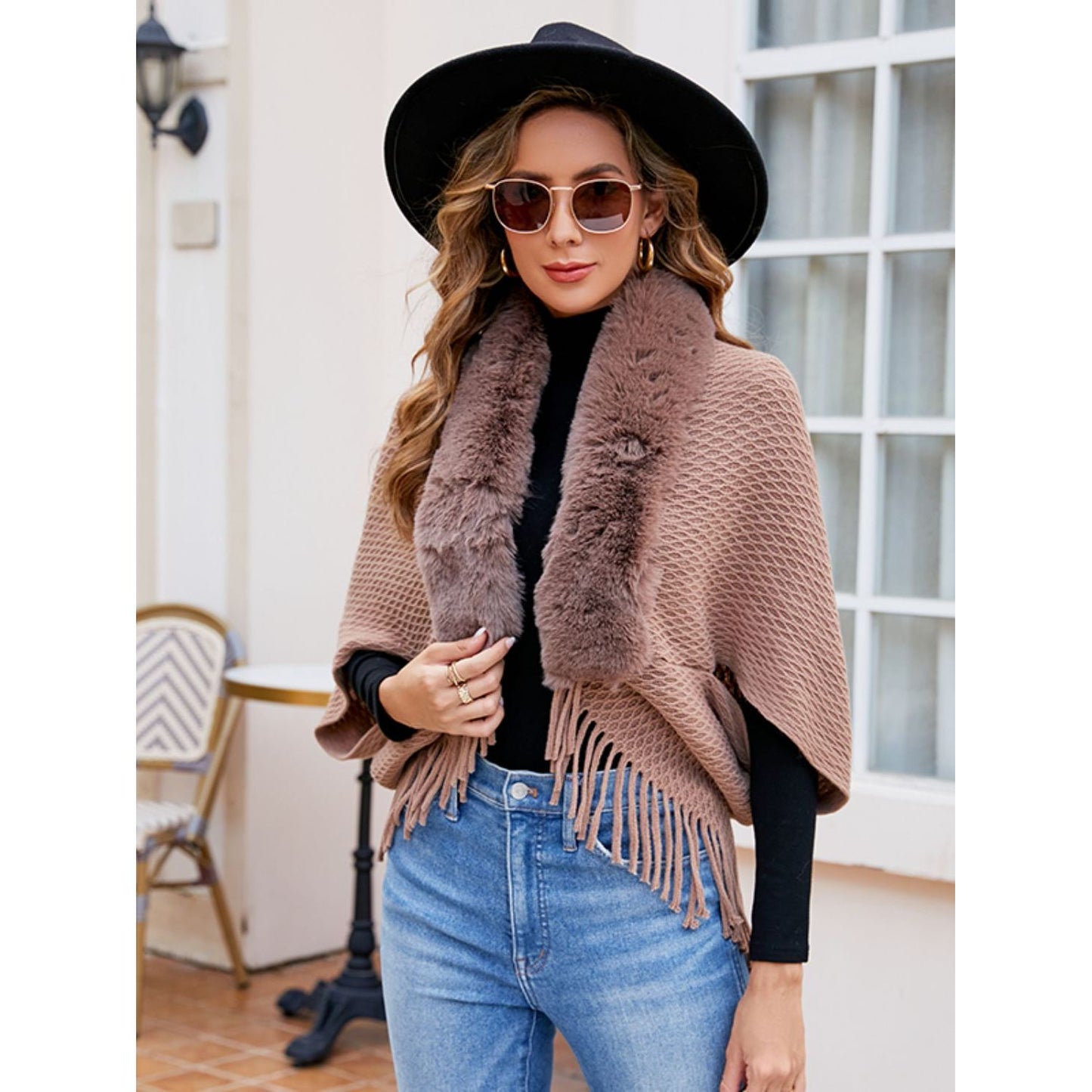 Open Front Fringe Hem Poncho