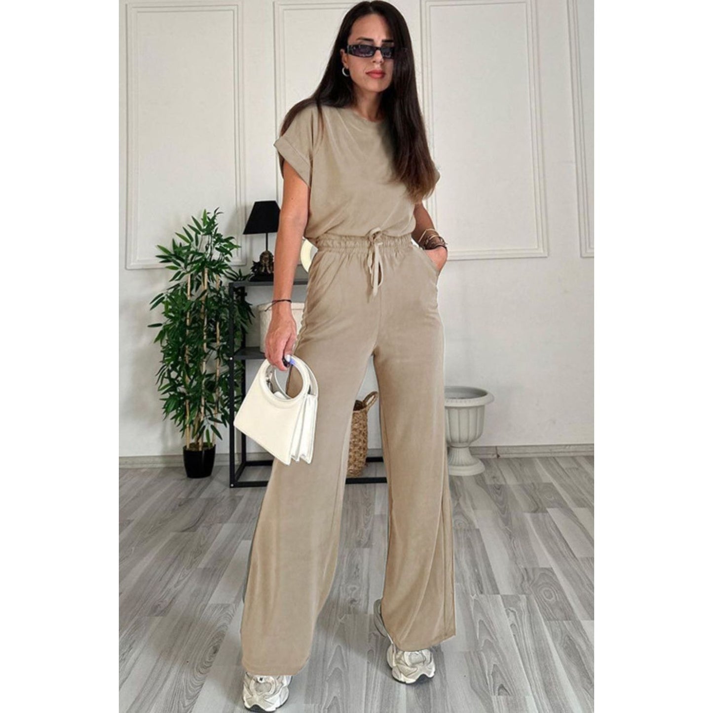 Round Neck Short Sleeve Top and Drawstring Pants Set