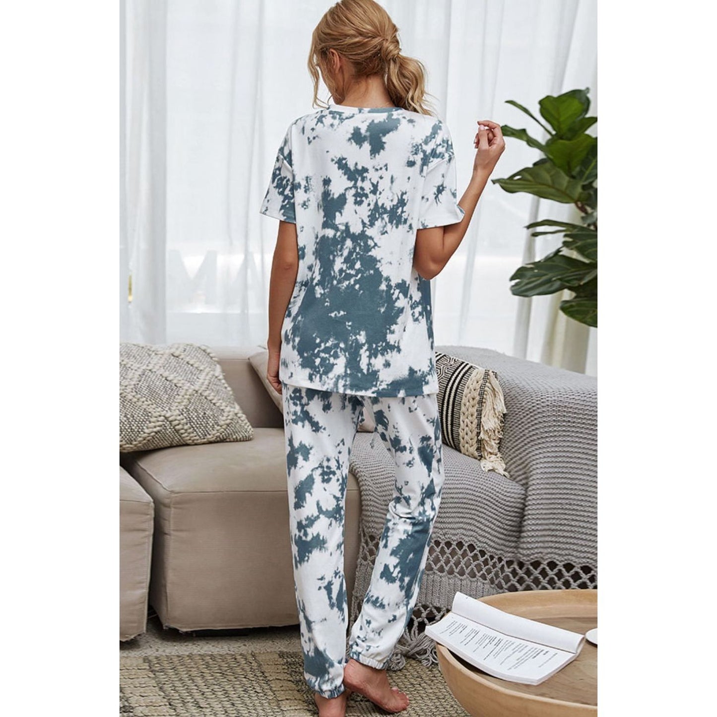 Shiny Tie-Dye Tee and Drawstring Waist Joggers Lounge Set