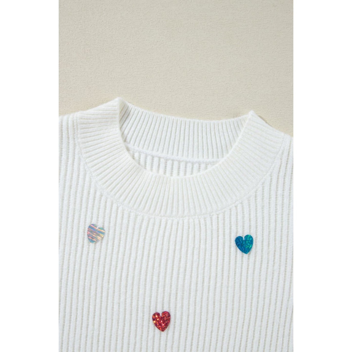 Heart Sequin Round Neck Long Sleeve Sweater