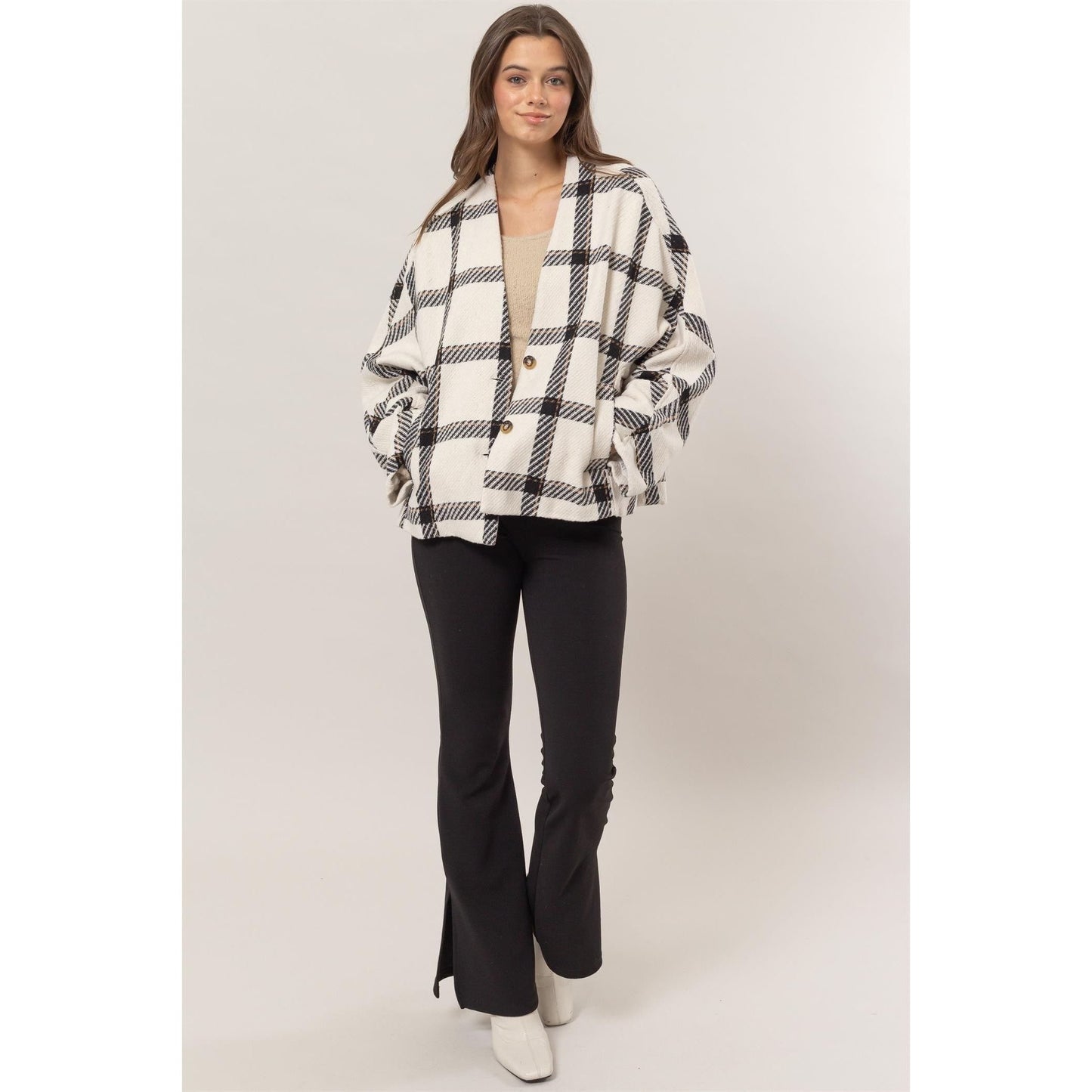 HYFVE Plaid Long Sleeve Jacket with Side Slit Pockets